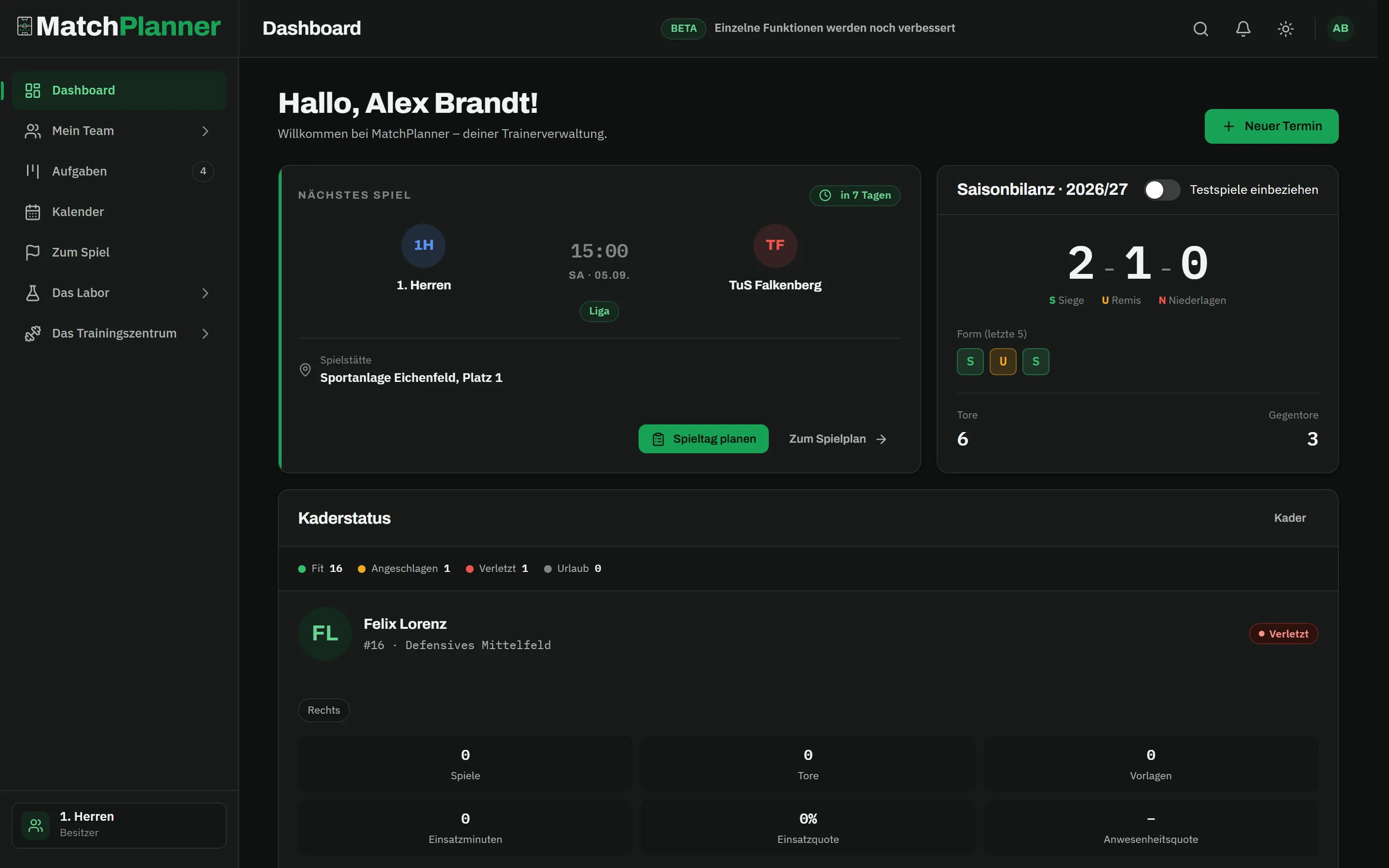 MatchPlanner dashboard with the next match, season record and squad status