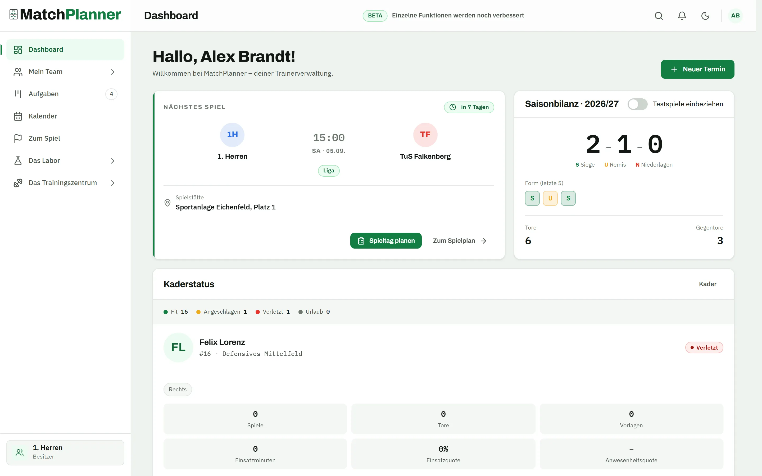 MatchPlanner dashboard with the next match, season record and squad status