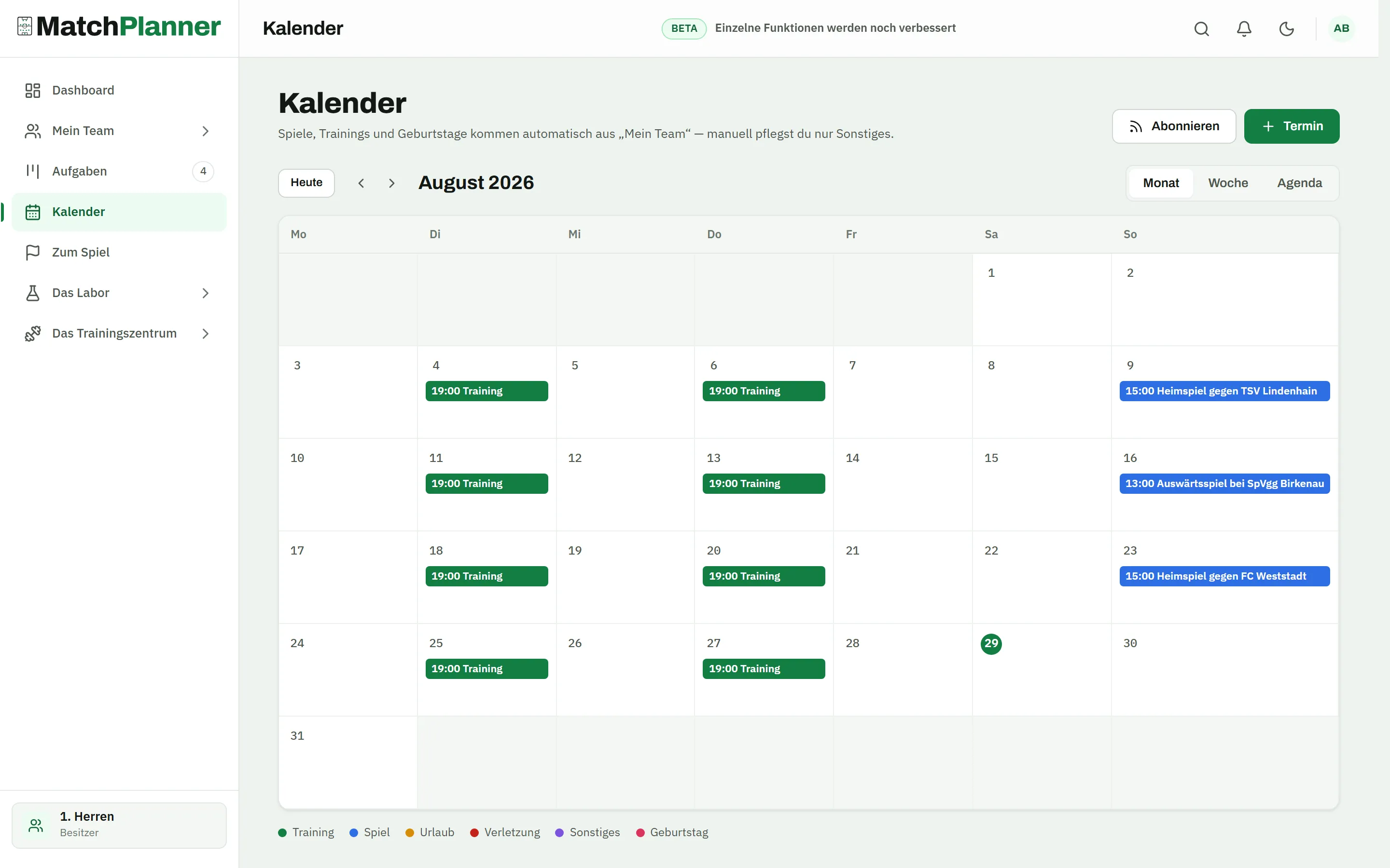 Calendar month view with training sessions on Tuesdays and Thursdays and league matches at the weekend