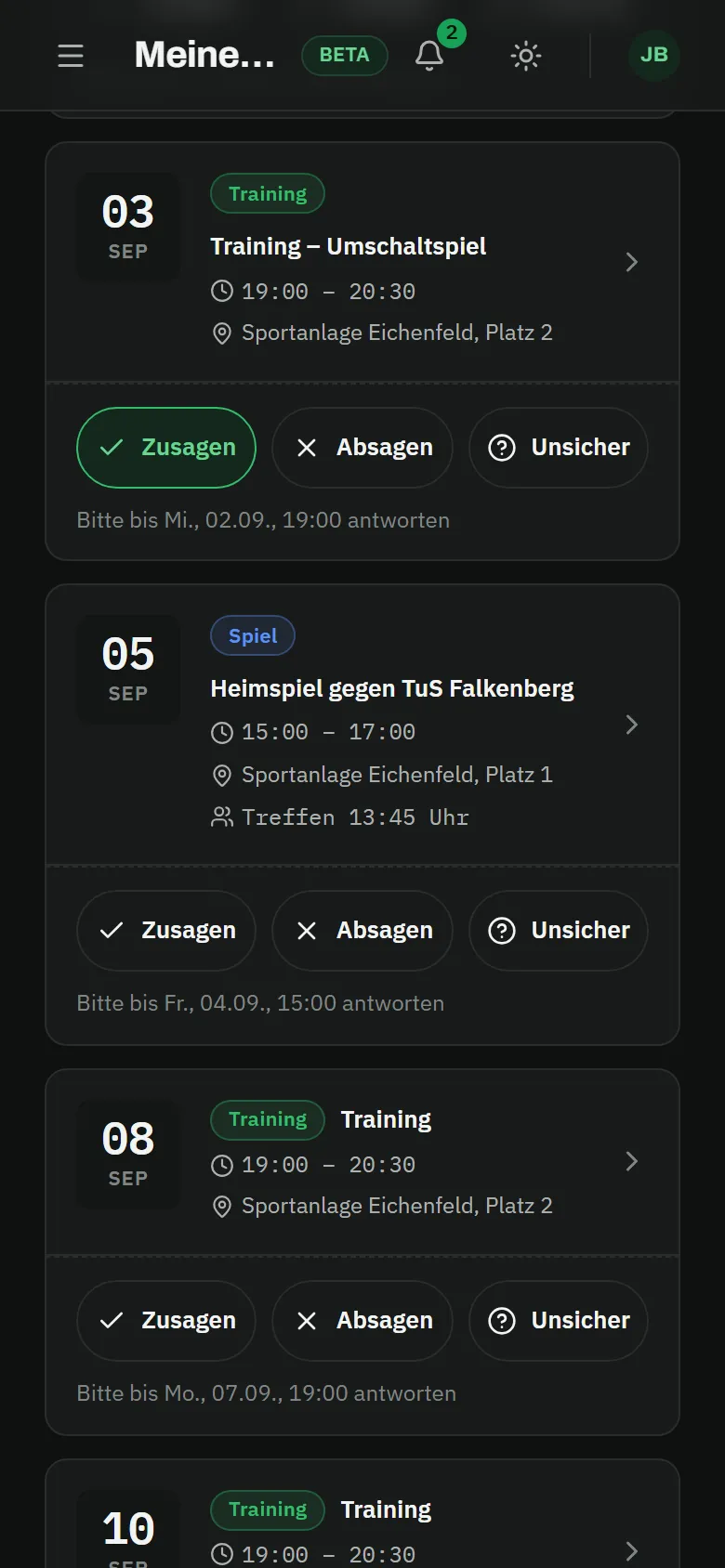 The schedule right after tapping “confirm”: the confirm button of Thursday’s training session is highlighted in green, below it the home match against TuS Falkenberg with meeting time and still-open response buttons, and another training session