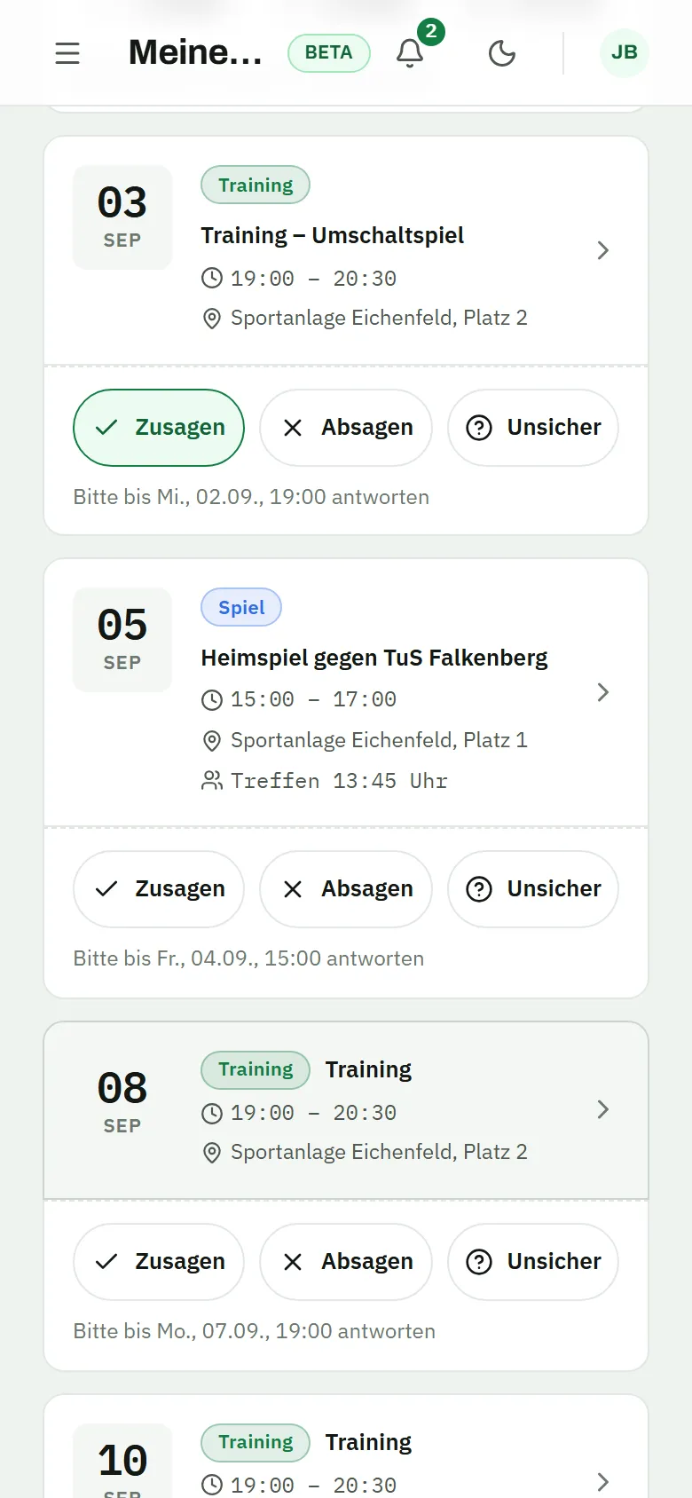 The schedule right after tapping “confirm”: the confirm button of Thursday’s training session is highlighted in green, below it the home match against TuS Falkenberg with meeting time and still-open response buttons, and another training session