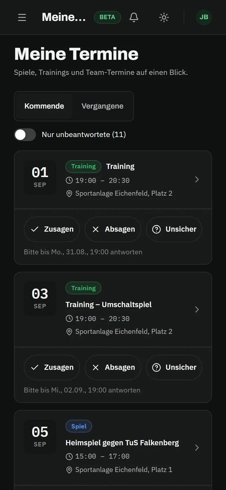Player app on a phone: upcoming events with confirm, decline and unsure buttons