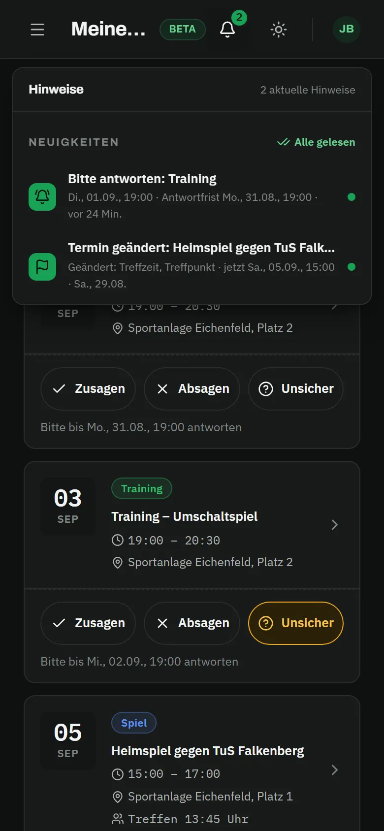 Player app on the phone: notification “Please respond: Training” with the response deadline, below it the events with the buttons accept, decline and unsure
