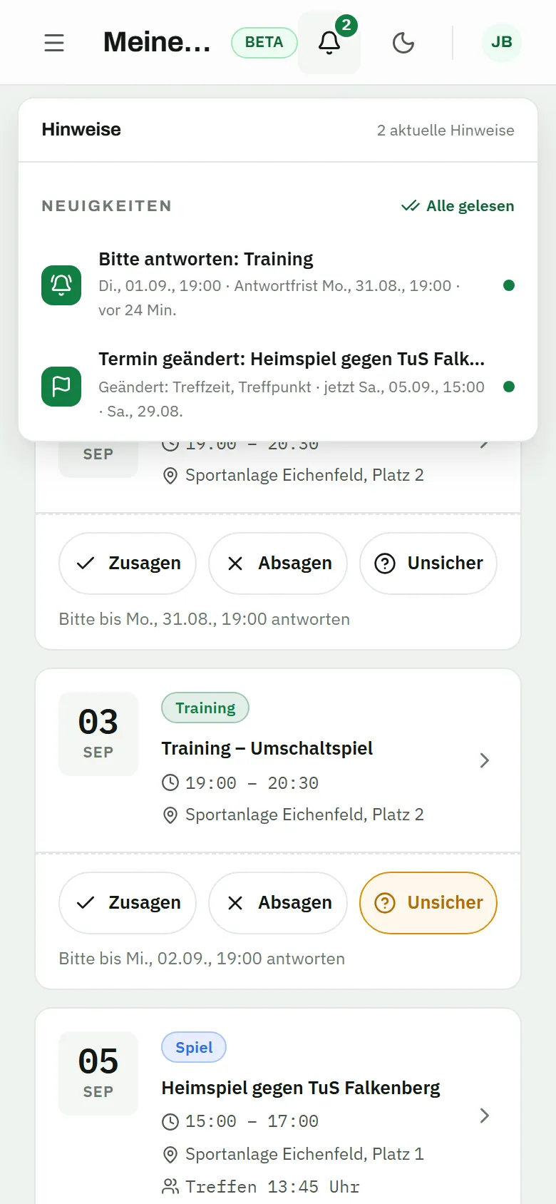 Player app on the phone: notification “Please respond: Training” with the response deadline, below it the events with the buttons accept, decline and unsure