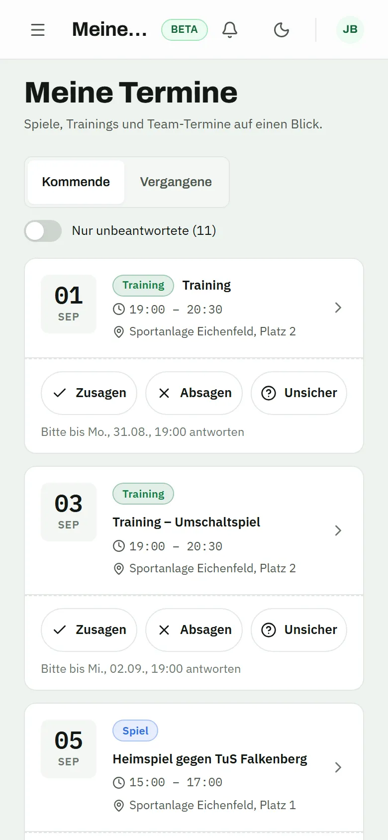 Player app on a phone: upcoming events with confirm, decline and unsure buttons