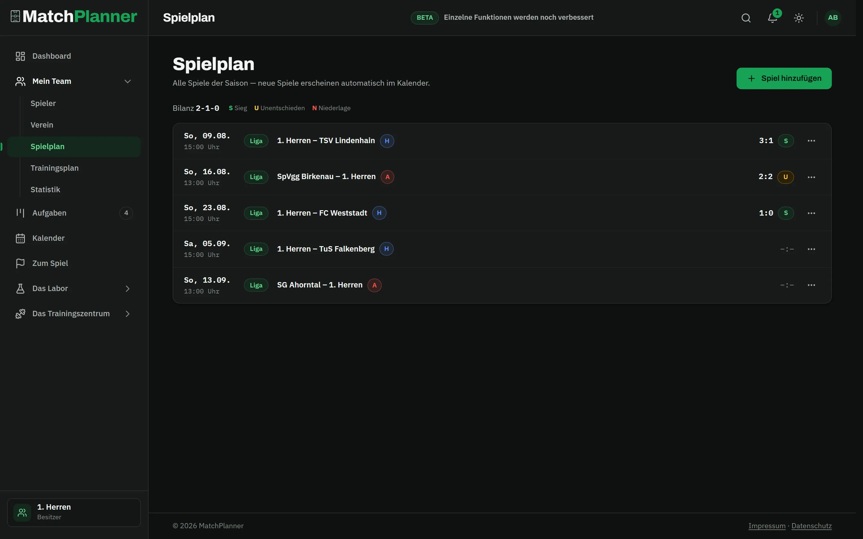 Season fixtures: three played matches with results, two upcoming matches and a 2-1-0 record
