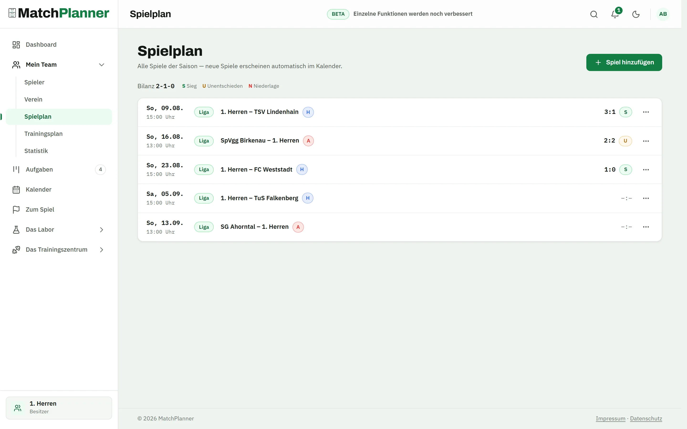 Season fixtures: three played matches with results, two upcoming matches and a 2-1-0 record