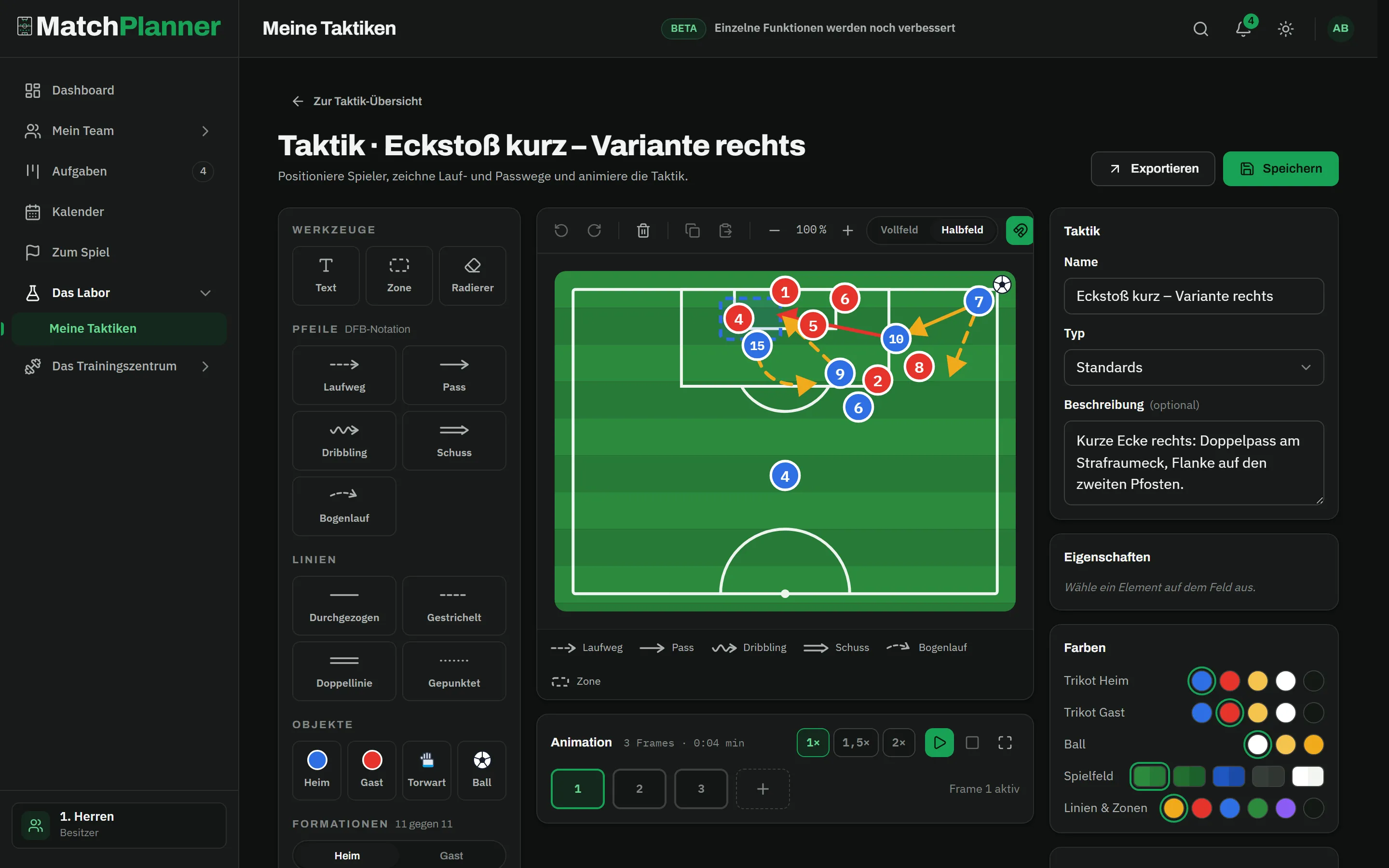 Tactics board with a short corner drawn as a play