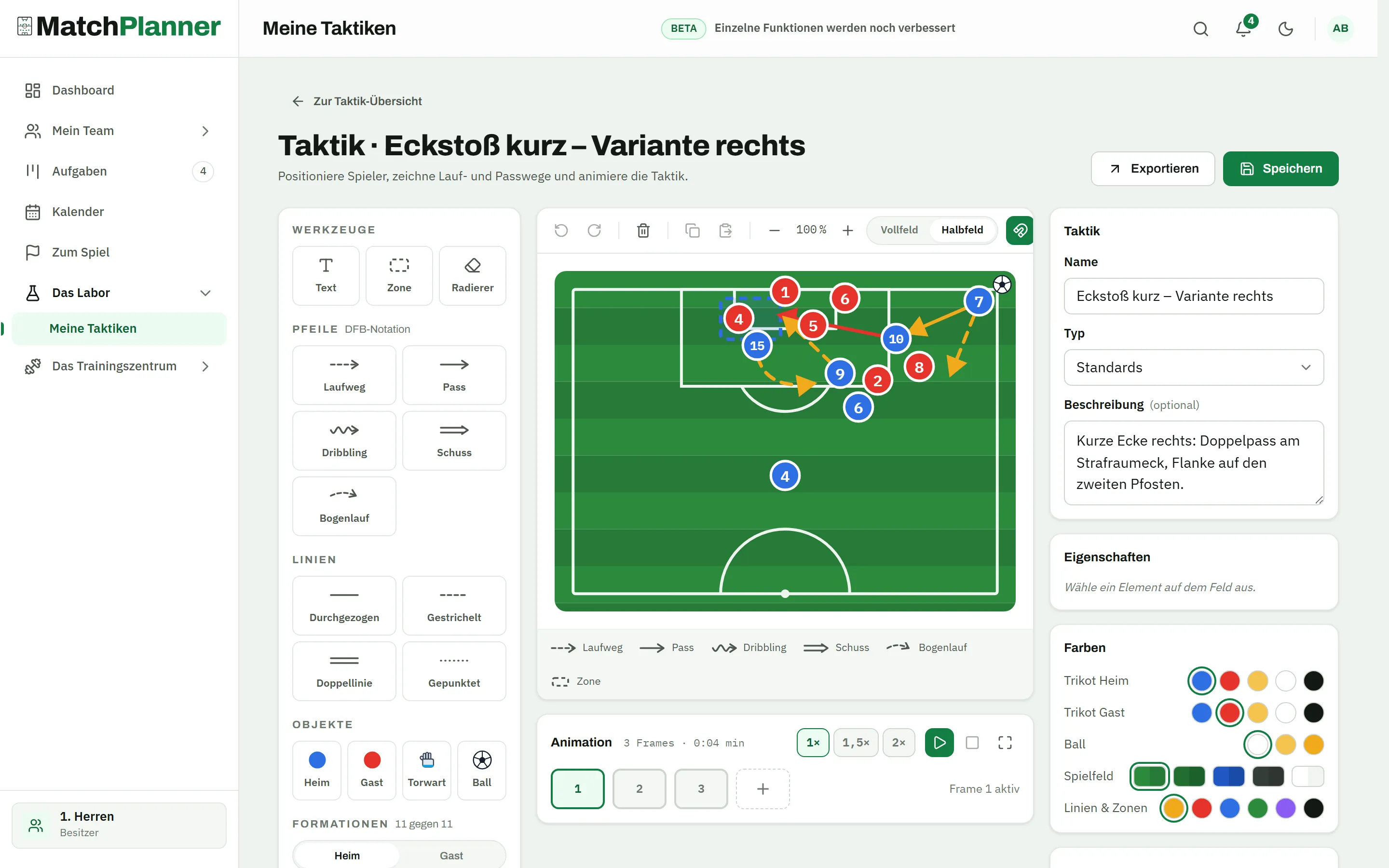 Tactics board with a short corner drawn as a play
