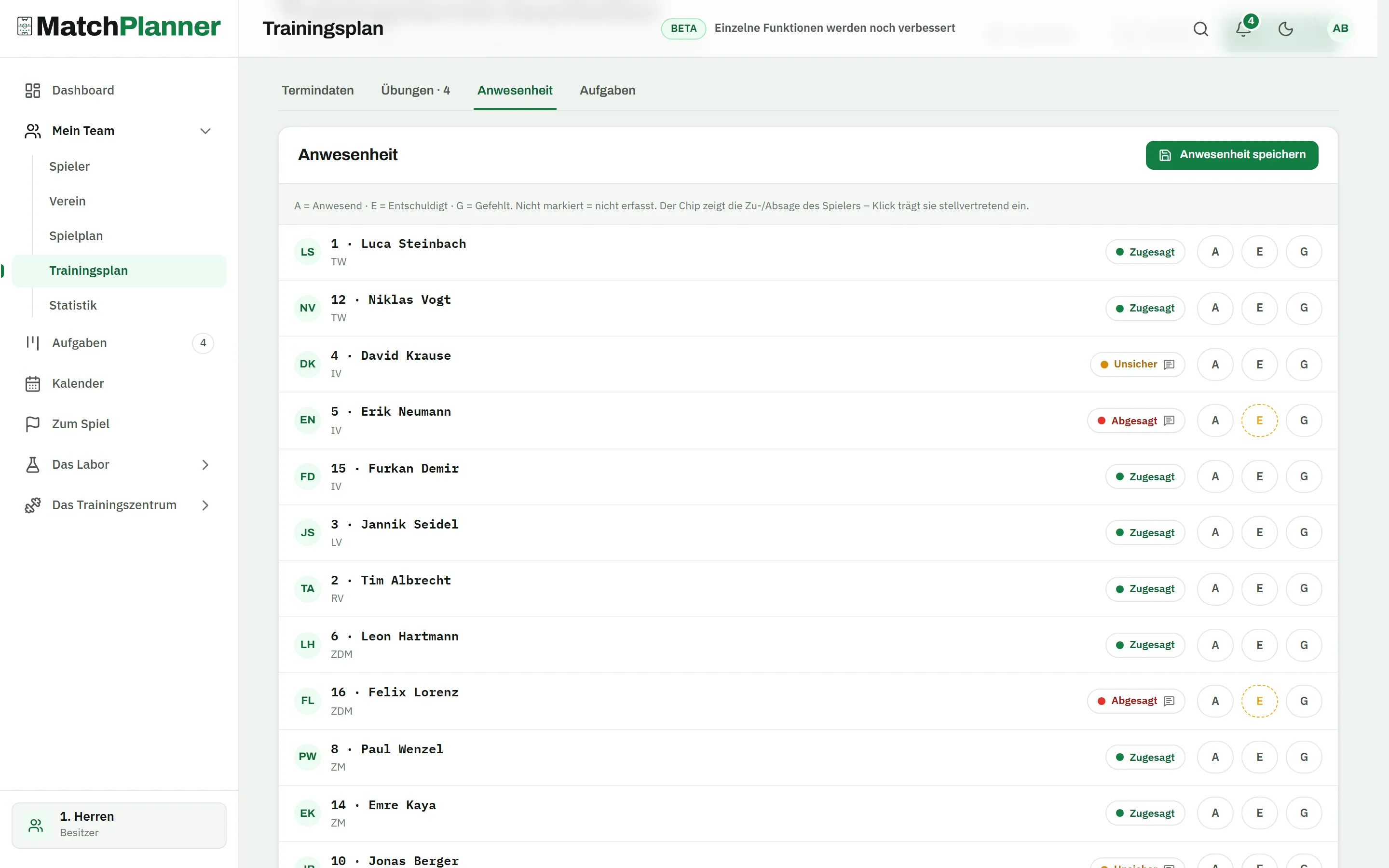 Trainingstermin, Tab Anwesenheit: Spielerliste mit den Antwort-Chips Zugesagt, Abgesagt mit Begründung und Unsicher sowie der Anwesenheits-Auswahl A/E/G