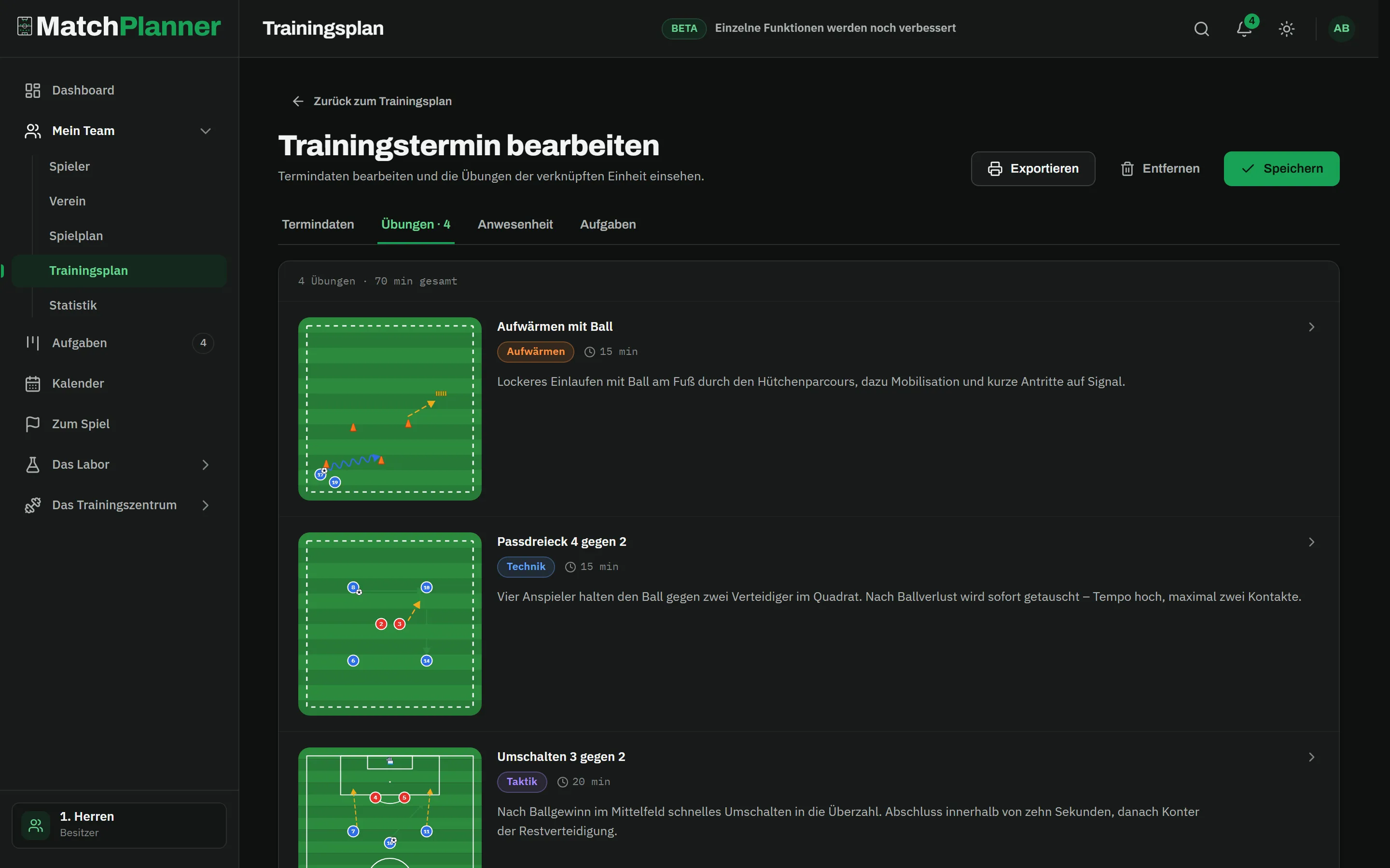 Training event with a linked session, tab “Drills · 4”: 70 minutes in total, the drills warm-up with ball, passing triangle 4 v 2 and transition 3 v 2 with sketch, category and duration – the Export button at the top