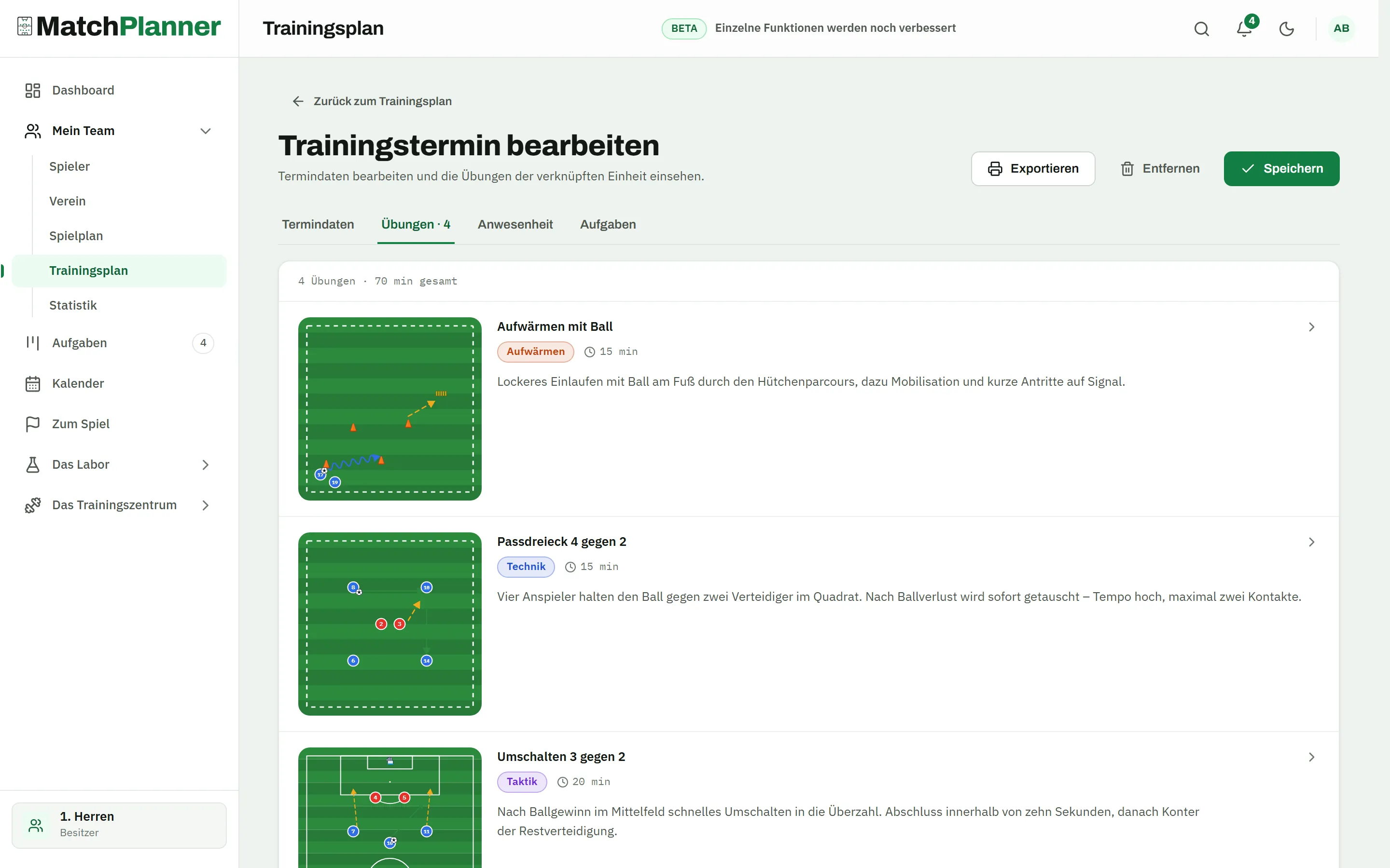 Training event with a linked session, tab “Drills · 4”: 70 minutes in total, the drills warm-up with ball, passing triangle 4 v 2 and transition 3 v 2 with sketch, category and duration – the Export button at the top