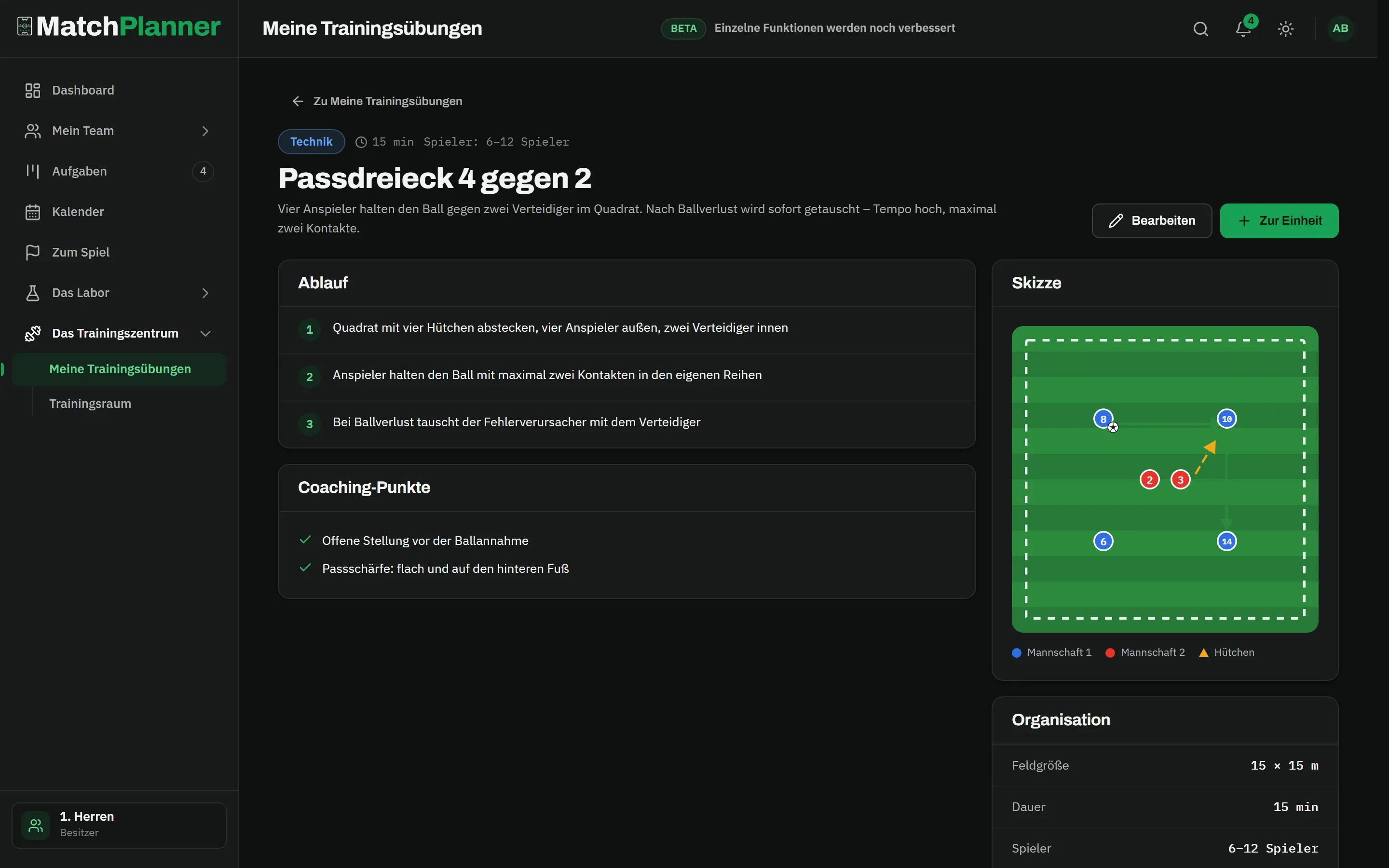 Drill detail “Passing triangle 4 v 2”: category technique, 15 minutes, 6–12 players, the procedure in three steps, coaching points and the sketch with four passers against two defenders