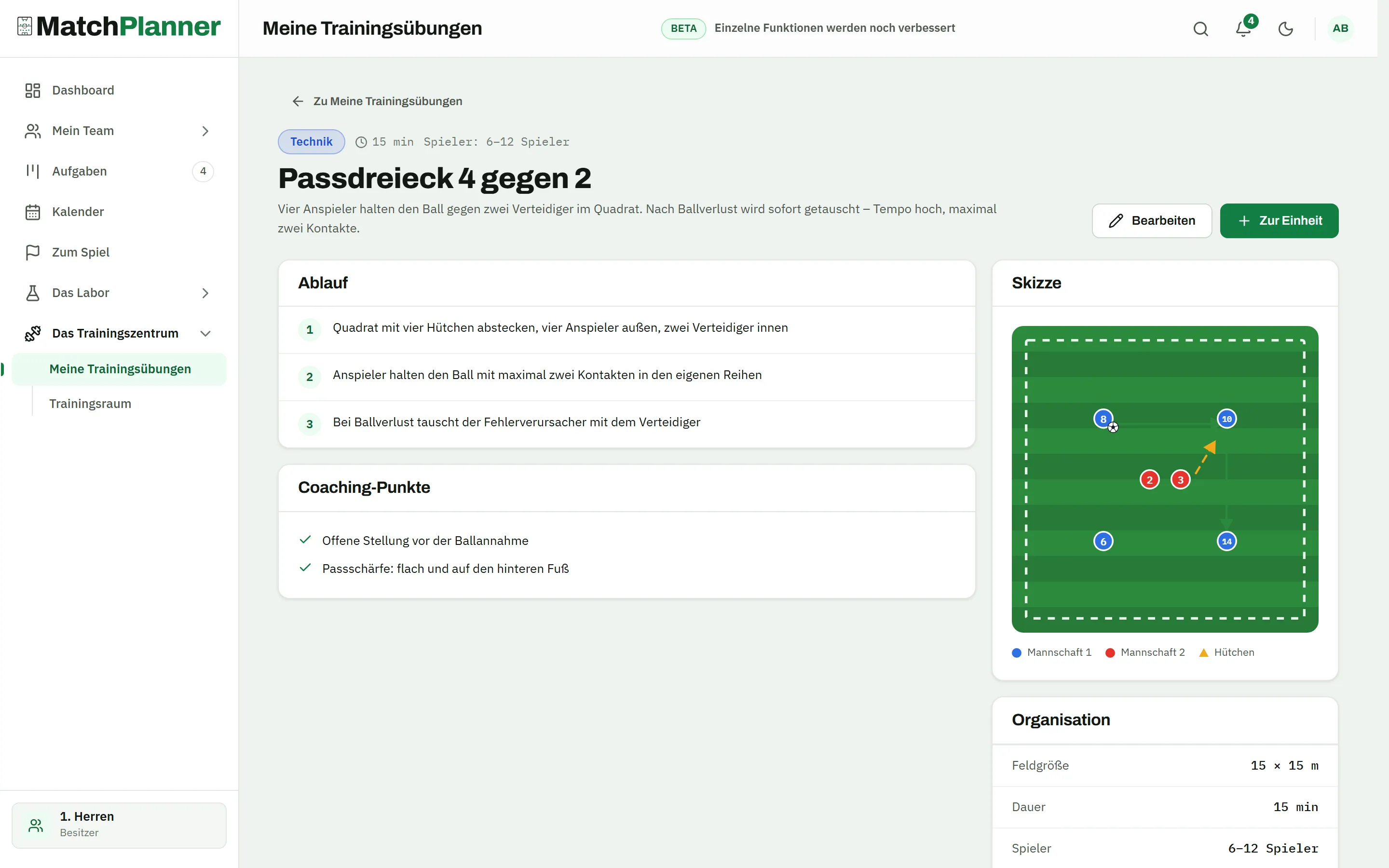 Drill detail “Passing triangle 4 v 2”: category technique, 15 minutes, 6–12 players, the procedure in three steps, coaching points and the sketch with four passers against two defenders