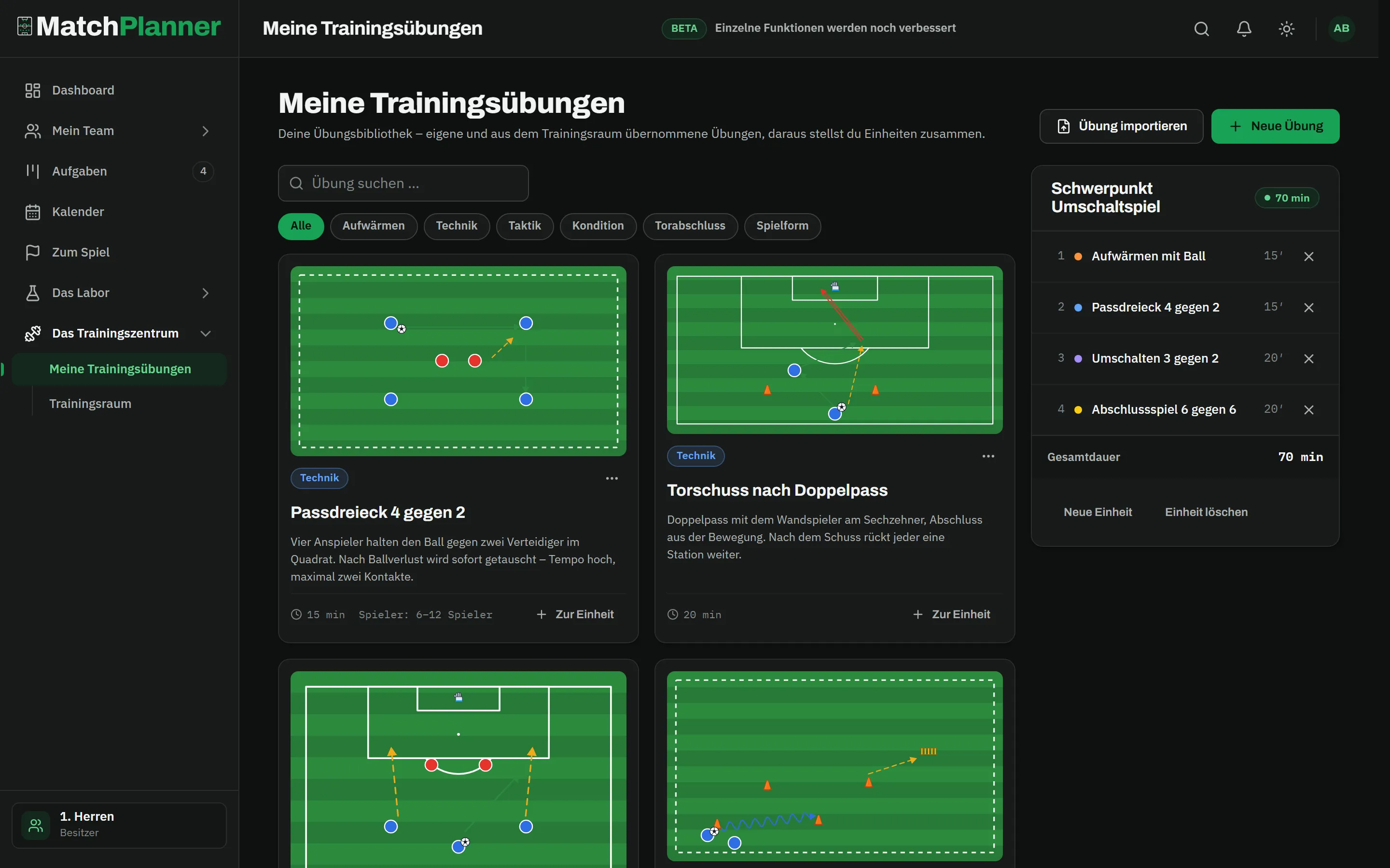 Exercise library with drill diagrams and a 70-minute training session