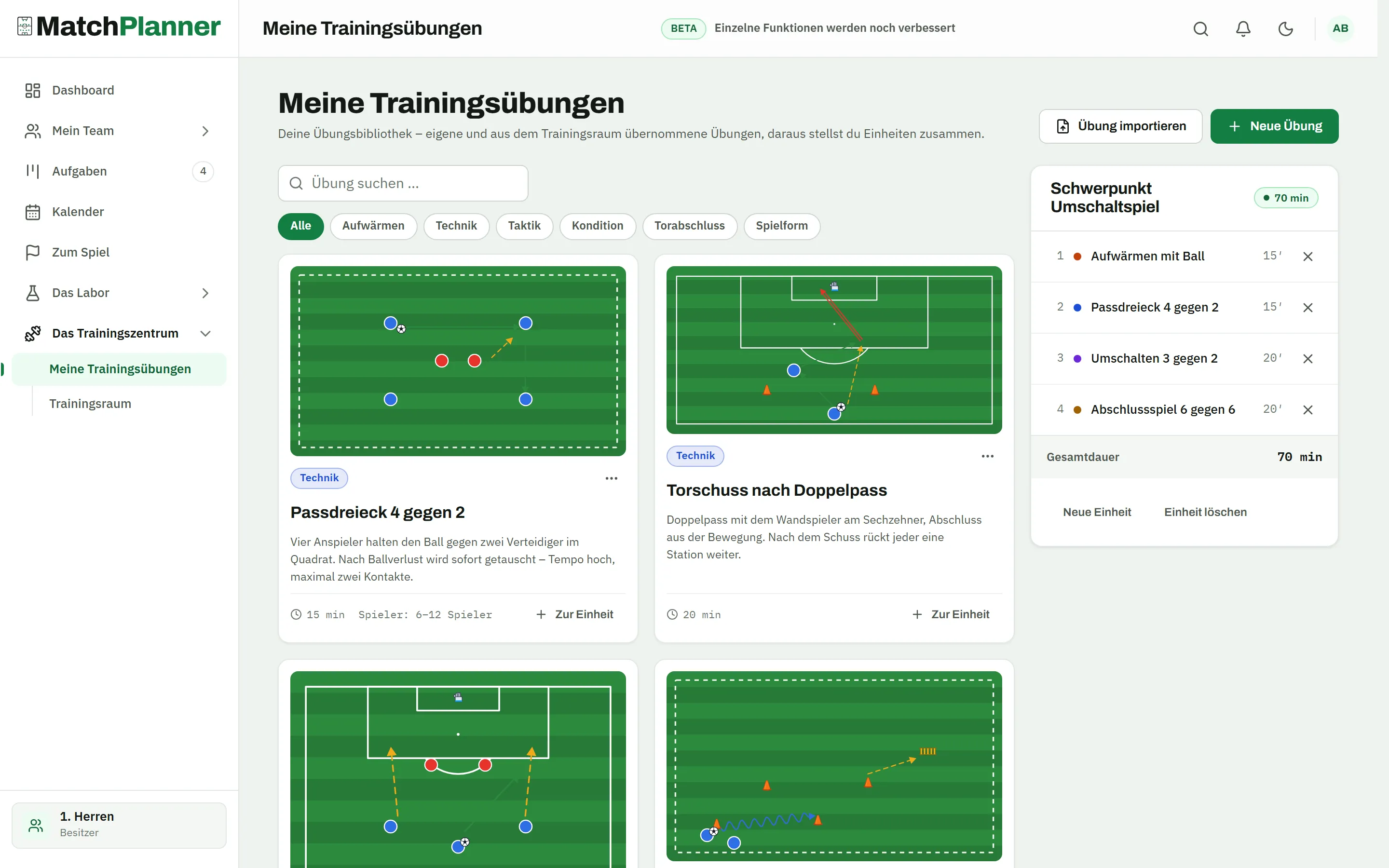 Exercise library with drill diagrams and a 70-minute training session