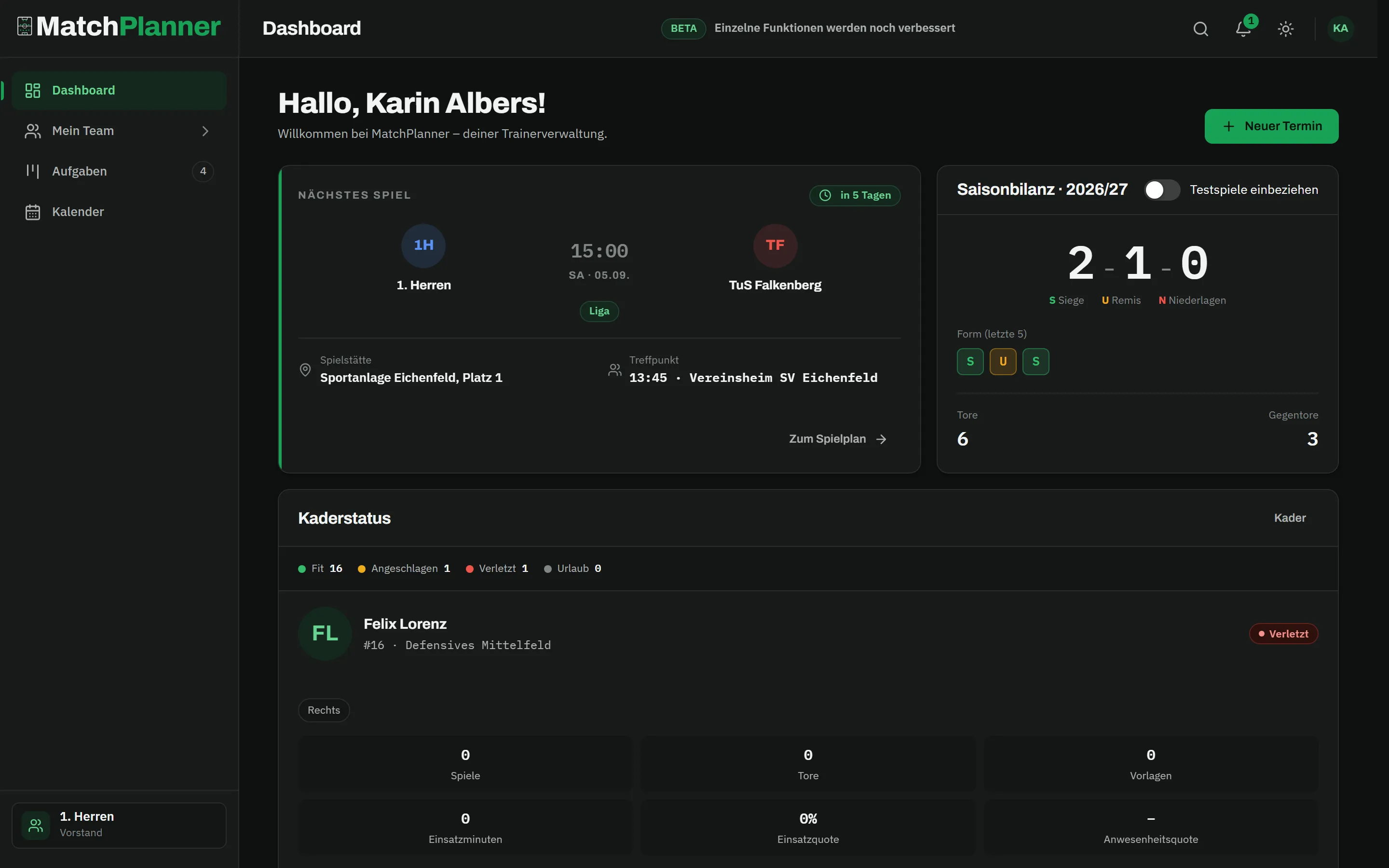 Dashboard aus Sicht des Vorstands: reduzierte Navigation nur mit Dashboard, Mein Team, Aufgaben und Kalender, dazu das nächste Spiel gegen TuS Falkenberg, die Saisonbilanz mit zwei Siegen und der Kaderstatus