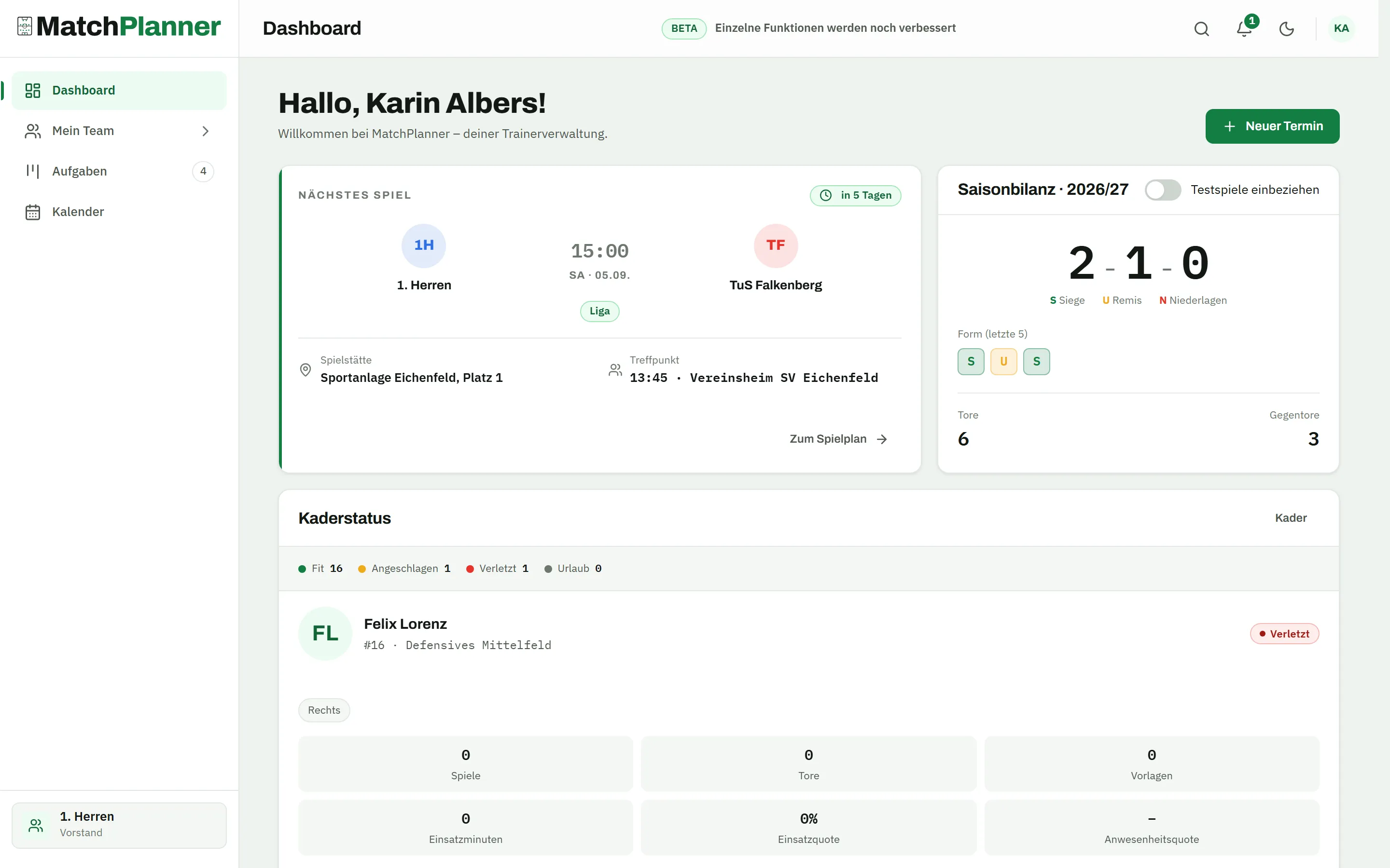 Dashboard aus Sicht des Vorstands: reduzierte Navigation nur mit Dashboard, Mein Team, Aufgaben und Kalender, dazu das nächste Spiel gegen TuS Falkenberg, die Saisonbilanz mit zwei Siegen und der Kaderstatus