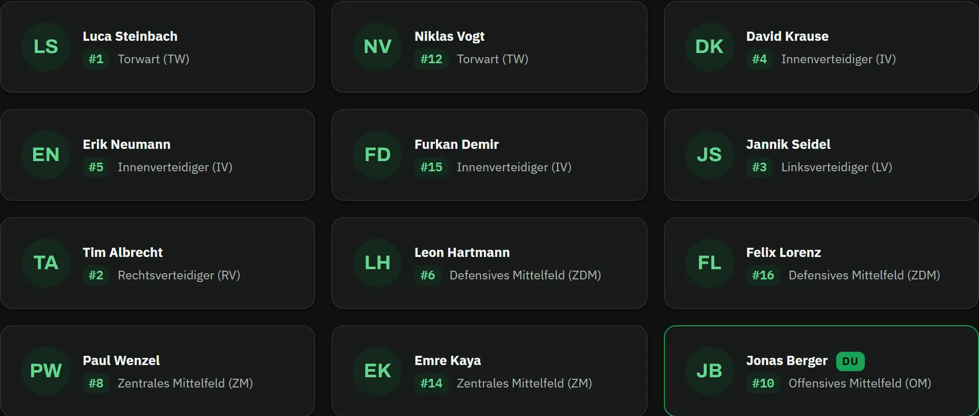 Team-Seite der Spieler-App: zwölf Kacheln mit Initialen, Name, Rückennummer und Position – Luca Steinbach #1 Torwart, Niklas Vogt #12 Torwart, David Krause #4 Innenverteidiger, Erik Neumann #5 Innenverteidiger, Furkan Demir #15 Innenverteidiger, Jannik Seidel #3 Linksverteidiger, Tim Albrecht #2 Rechtsverteidiger, Leon Hartmann #6 Defensives Mittelfeld, Felix Lorenz #16 Defensives Mittelfeld, Paul Wenzel #8 Zentrales Mittelfeld, Emre Kaya #14 Zentrales Mittelfeld und Jonas Berger #10 Offensives Mittelfeld mit der Markierung „ich"