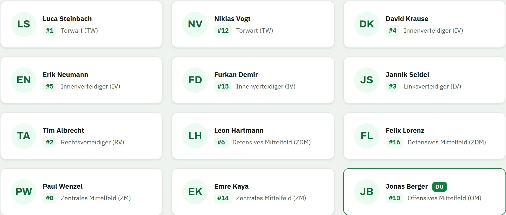 Team-Seite der Spieler-App: zwölf Kacheln mit Initialen, Name, Rückennummer und Position – Luca Steinbach #1 Torwart, Niklas Vogt #12 Torwart, David Krause #4 Innenverteidiger, Erik Neumann #5 Innenverteidiger, Furkan Demir #15 Innenverteidiger, Jannik Seidel #3 Linksverteidiger, Tim Albrecht #2 Rechtsverteidiger, Leon Hartmann #6 Defensives Mittelfeld, Felix Lorenz #16 Defensives Mittelfeld, Paul Wenzel #8 Zentrales Mittelfeld, Emre Kaya #14 Zentrales Mittelfeld und Jonas Berger #10 Offensives Mittelfeld mit der Markierung „ich"