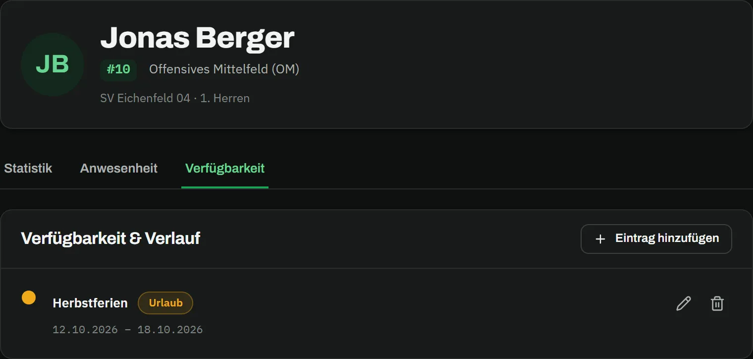 Seite „Ich" der Spieler-App: Kopfkarte mit Jonas Berger, #10, Offensives Mittelfeld (OM), SV Eichenfeld 04 · 1. Herren; darunter die Tabs Statistik, Anwesenheit und Verfügbarkeit (aktiv) und die Karte „Verfügbarkeit & Verlauf" mit dem Eintrag Herbstferien, Urlaub, 12.10.2026 – 18.10.2026 und dem Button „Eintrag hinzufügen"