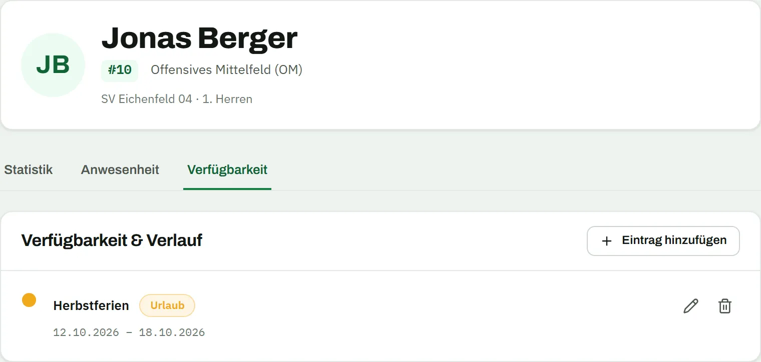 Seite „Ich" der Spieler-App: Kopfkarte mit Jonas Berger, #10, Offensives Mittelfeld (OM), SV Eichenfeld 04 · 1. Herren; darunter die Tabs Statistik, Anwesenheit und Verfügbarkeit (aktiv) und die Karte „Verfügbarkeit & Verlauf" mit dem Eintrag Herbstferien, Urlaub, 12.10.2026 – 18.10.2026 und dem Button „Eintrag hinzufügen"