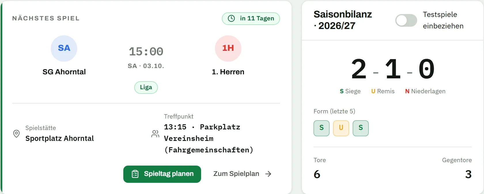 Dashboard mit der Karte „Nächstes Spiel": SG Ahorntal gegen 1. Herren am Samstag, 3. Oktober, 15:00 Uhr, Liga, in 11 Tagen, Spielstätte Sportplatz Ahorntal, Treffpunkt 13:15 am Parkplatz Vereinsheim, mit den Buttons „Spieltag planen" und „Zum Spielplan"; daneben die Saisonbilanz 2026/27 mit 2 Siegen, 1 Remis, 0 Niederlagen, Form S U S, 6 Tore und 3 Gegentore