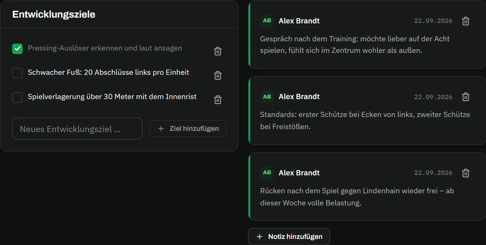 Spielerprofil von Jonas Berger, Tab Notizen: links die Karte Entwicklungsziele mit dem abgehakten Ziel „Pressing-Auslöser erkennen und laut ansagen" und den offenen Zielen „Schwacher Fuß: 20 Abschlüsse links pro Einheit" und „Spielverlagerung über 30 Meter mit dem Innenrist"; rechts drei Notizen von Alex Brandt vom 22.09.2026 zu Positionswunsch, Standards und Rücken