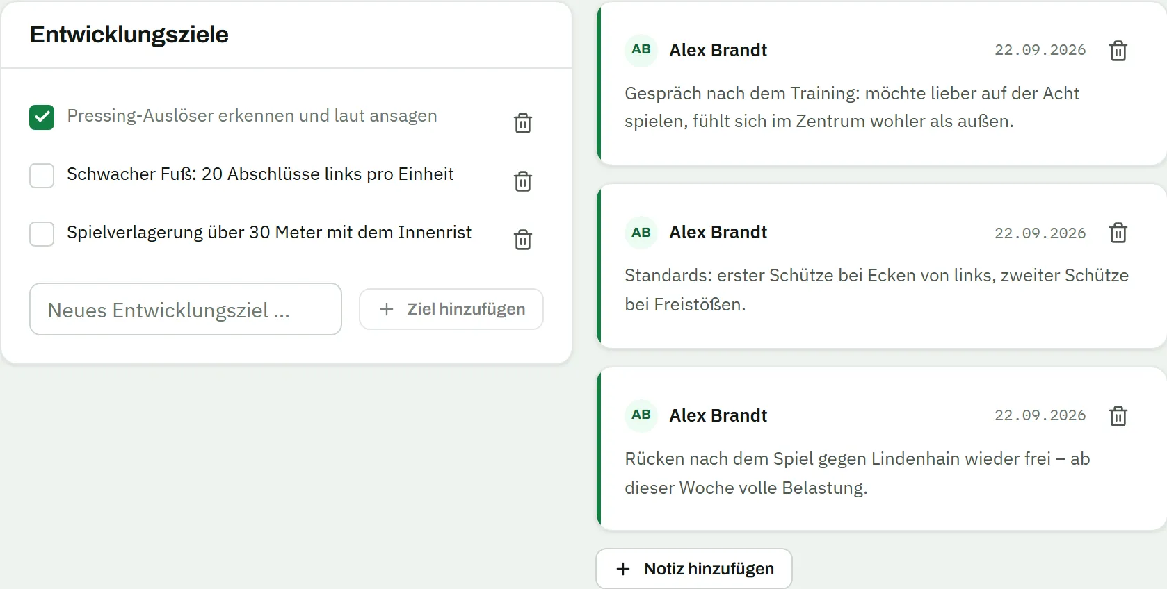 Spielerprofil von Jonas Berger, Tab Notizen: links die Karte Entwicklungsziele mit dem abgehakten Ziel „Pressing-Auslöser erkennen und laut ansagen" und den offenen Zielen „Schwacher Fuß: 20 Abschlüsse links pro Einheit" und „Spielverlagerung über 30 Meter mit dem Innenrist"; rechts drei Notizen von Alex Brandt vom 22.09.2026 zu Positionswunsch, Standards und Rücken