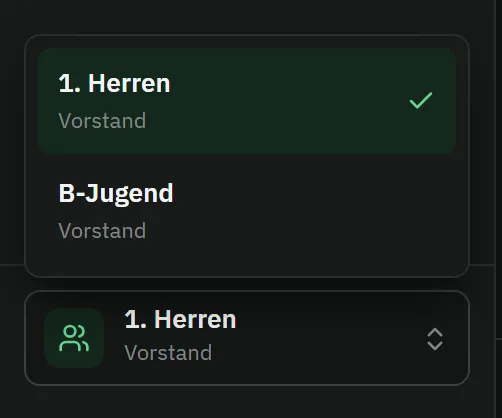 Team-Wechsel in der Seitenleiste: aufgeklappte Liste mit „1. Herren – Vorstand", per Häkchen als aktiv markiert, und „B-Jugend – Vorstand"; darunter der Umschalter mit dem aktiven Team 1. Herren