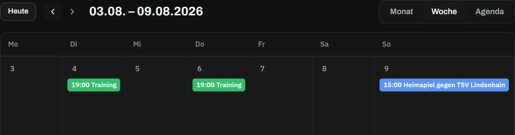 Kalender in der Wochenansicht, 3. bis 9. August: Training am Dienstag und Donnerstag um 19:00, Sonntag um 15:00 Heimspiel gegen TSV Lindenhain