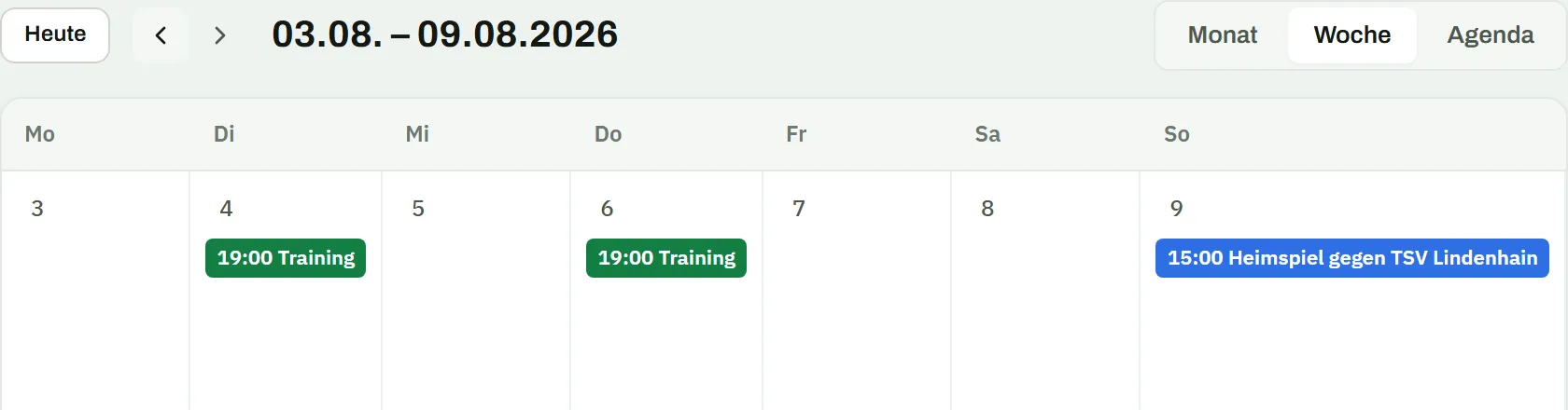 Kalender in der Wochenansicht, 3. bis 9. August: Training am Dienstag und Donnerstag um 19:00, Sonntag um 15:00 Heimspiel gegen TSV Lindenhain