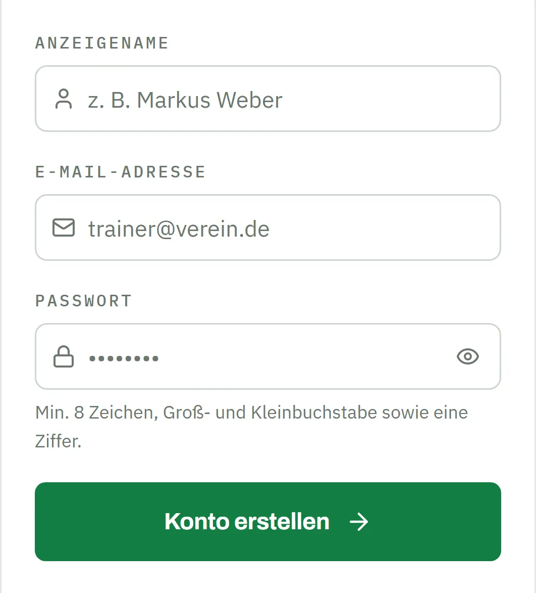 Registrierformular der App auf dem Handy: die Felder Anzeigename, E-Mail-Adresse und Passwort, darunter der Hinweis „Min. 8 Zeichen, Groß- und Kleinbuchstabe sowie eine Ziffer" und der grüne Button „Konto erstellen"