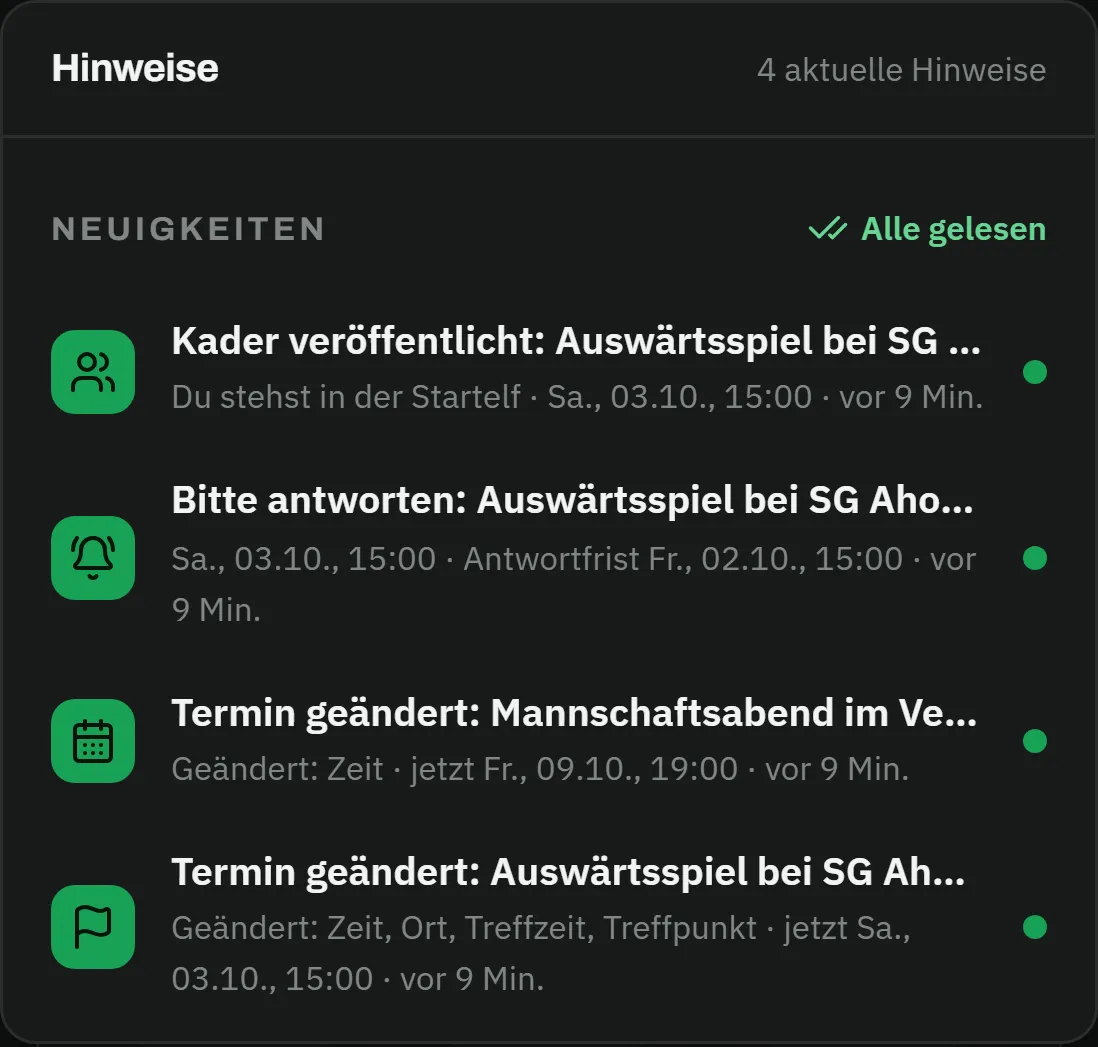 Hinweise-Fenster mit vier Neuigkeiten: Kader veröffentlicht für das Auswärtsspiel bei SG Ahorntal mit dem Zusatz „Du stehst in der Startelf"; Bitte antworten zum selben Spiel mit Antwortfrist Freitag, 2. Oktober, 15:00 Uhr; Termin geändert: Mannschaftsabend im Vereinsheim, jetzt Freitag, 9. Oktober, 19:00 Uhr; Termin geändert: Auswärtsspiel bei SG Ahorntal mit Zeit, Ort, Treffzeit und Treffpunkt