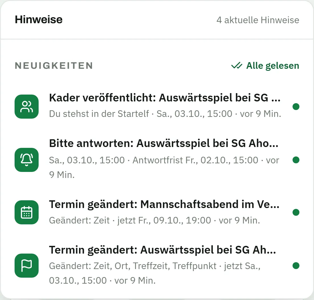 Hinweise-Fenster mit vier Neuigkeiten: Kader veröffentlicht für das Auswärtsspiel bei SG Ahorntal mit dem Zusatz „Du stehst in der Startelf"; Bitte antworten zum selben Spiel mit Antwortfrist Freitag, 2. Oktober, 15:00 Uhr; Termin geändert: Mannschaftsabend im Vereinsheim, jetzt Freitag, 9. Oktober, 19:00 Uhr; Termin geändert: Auswärtsspiel bei SG Ahorntal mit Zeit, Ort, Treffzeit und Treffpunkt