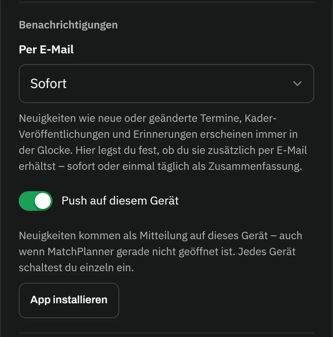 Abschnitt Benachrichtigungen im Profil: „Per E-Mail: Sofort", der eingeschaltete Schalter „Push auf diesem Gerät" mit der Erklärung, dass Neuigkeiten als Mitteilung auf dieses Gerät kommen, und der Knopf „App installieren"