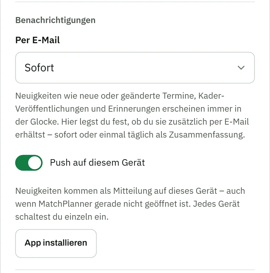Abschnitt Benachrichtigungen im Profil: „Per E-Mail: Sofort", der eingeschaltete Schalter „Push auf diesem Gerät" mit der Erklärung, dass Neuigkeiten als Mitteilung auf dieses Gerät kommen, und der Knopf „App installieren"