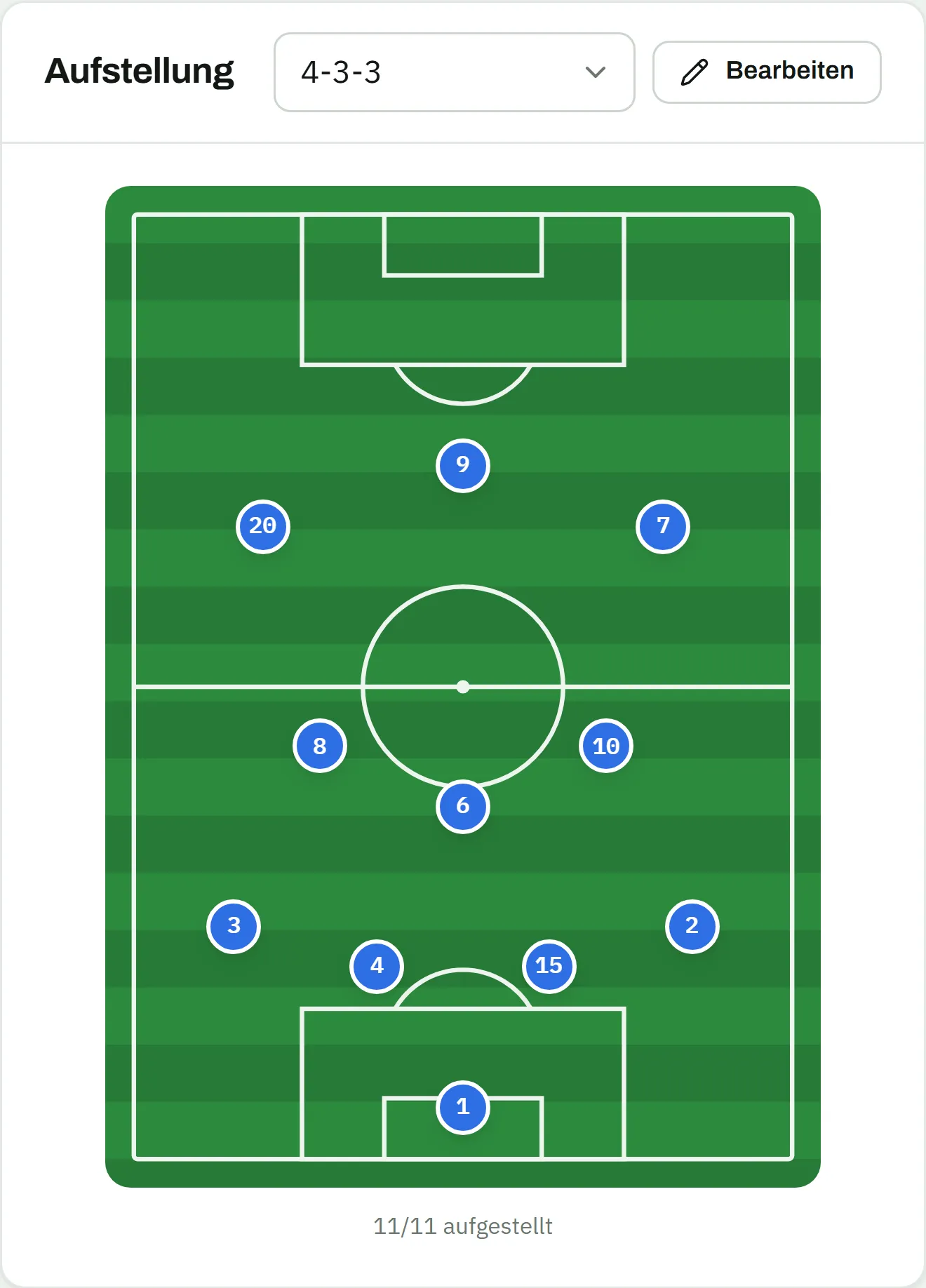 Karte Aufstellung mit der Formation 4-3-3 und dem Knopf Bearbeiten: elf nummerierte Spieler auf dem Spielfeld, darunter 11/11 aufgestellt
