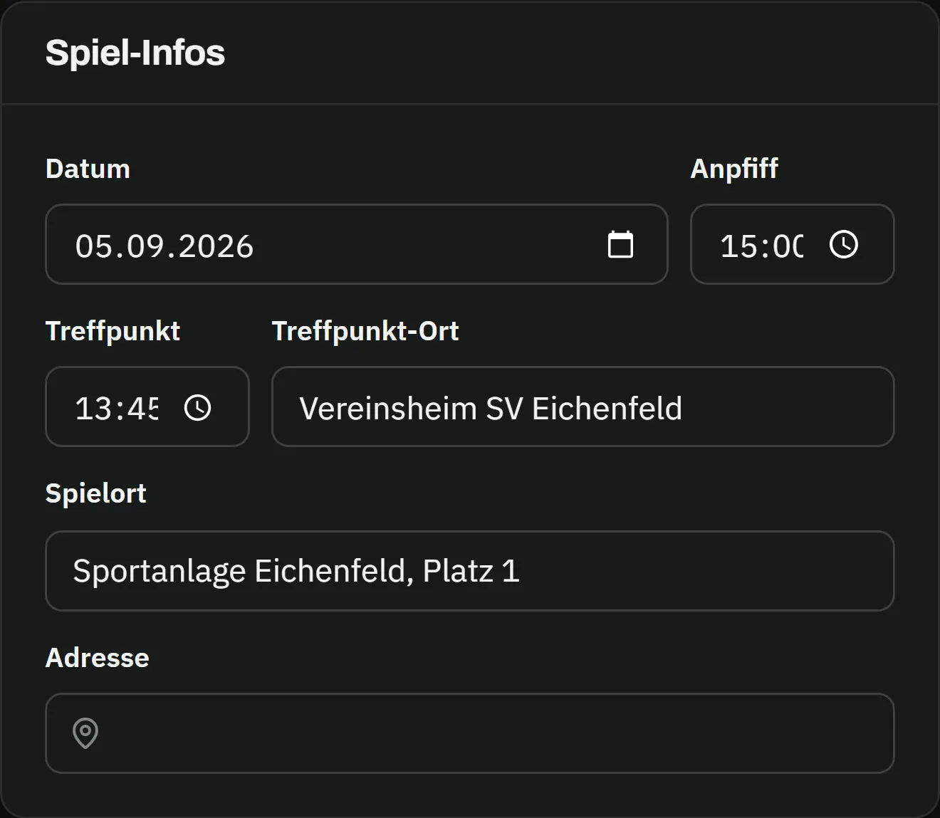 Spiel-Infos: Datum 05.09.2026, Anpfiff 15:00, Treffpunkt 13:45, Treffpunkt-Ort Vereinsheim SV Eichenfeld, Spielort Sportanlage Eichenfeld, Platz 1, dazu ein leeres Adressfeld