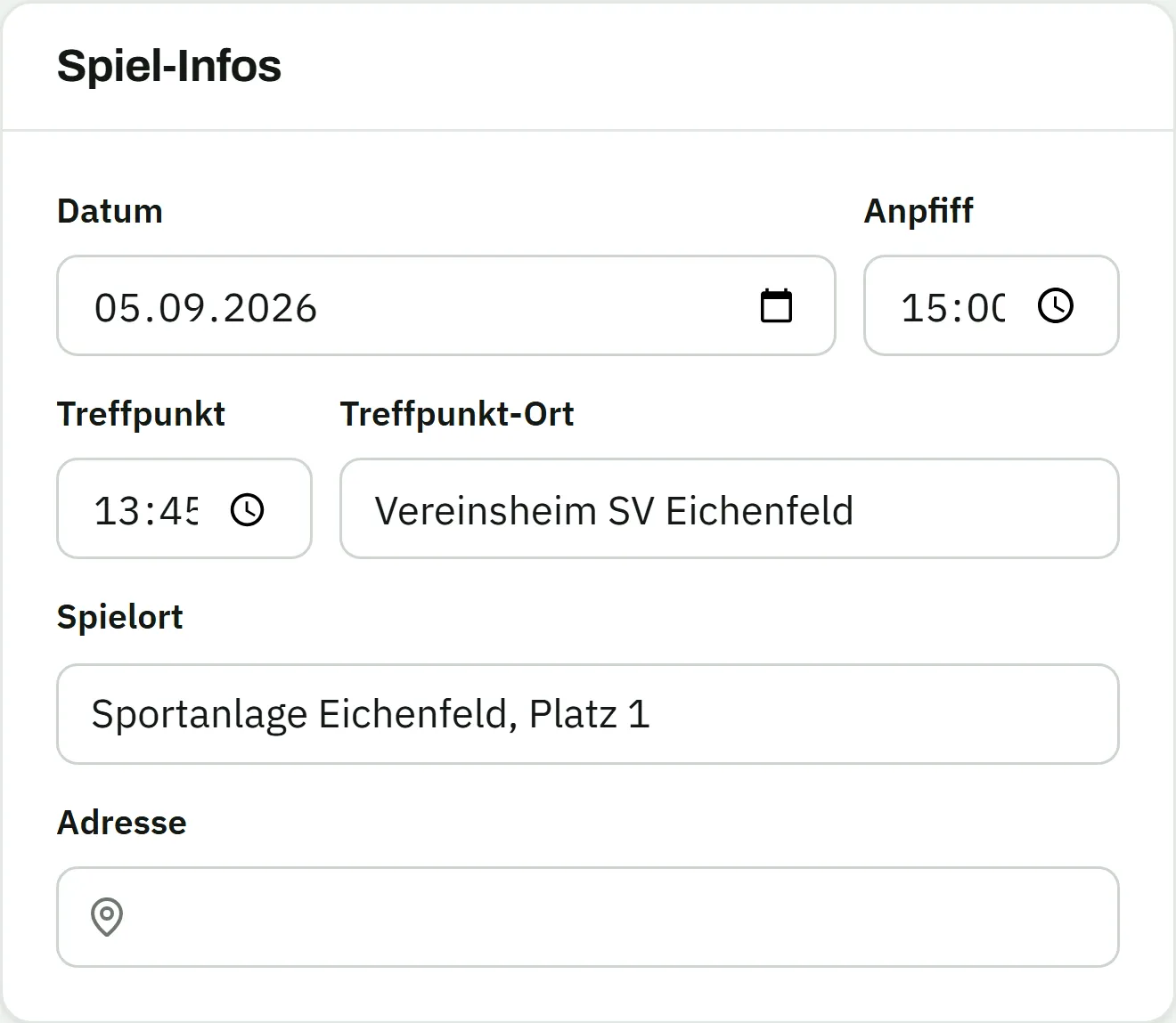 Spiel-Infos: Datum 05.09.2026, Anpfiff 15:00, Treffpunkt 13:45, Treffpunkt-Ort Vereinsheim SV Eichenfeld, Spielort Sportanlage Eichenfeld, Platz 1, dazu ein leeres Adressfeld