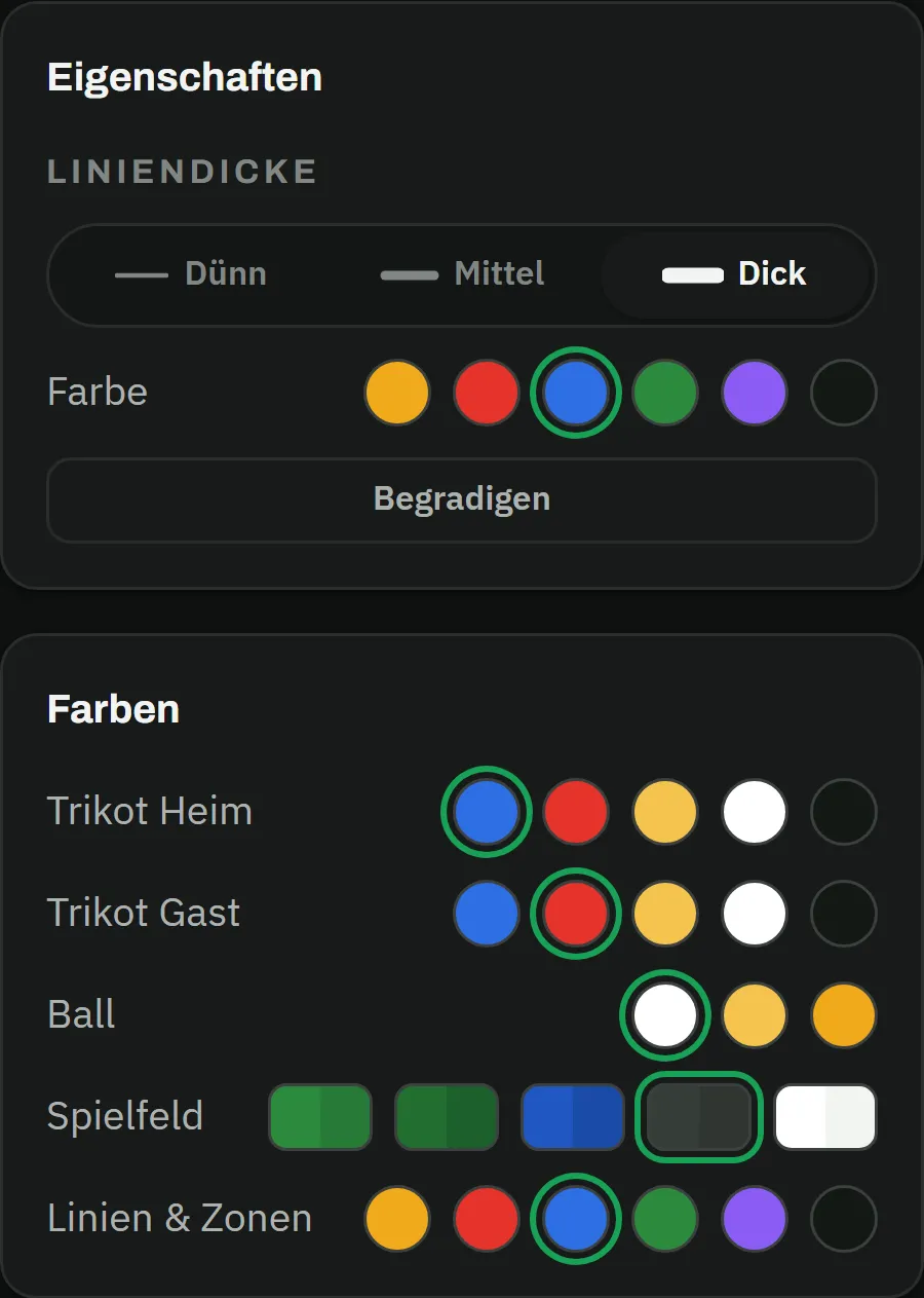 Panels Eigenschaften und Farben: Liniendicke Dünn, Mittel, Dick mit Dick aktiv, Farbe Blau gewählt, Button Begradigen; darunter die Farben für Trikot Heim, Trikot Gast, Ball, Spielfeld sowie Linien und Zonen