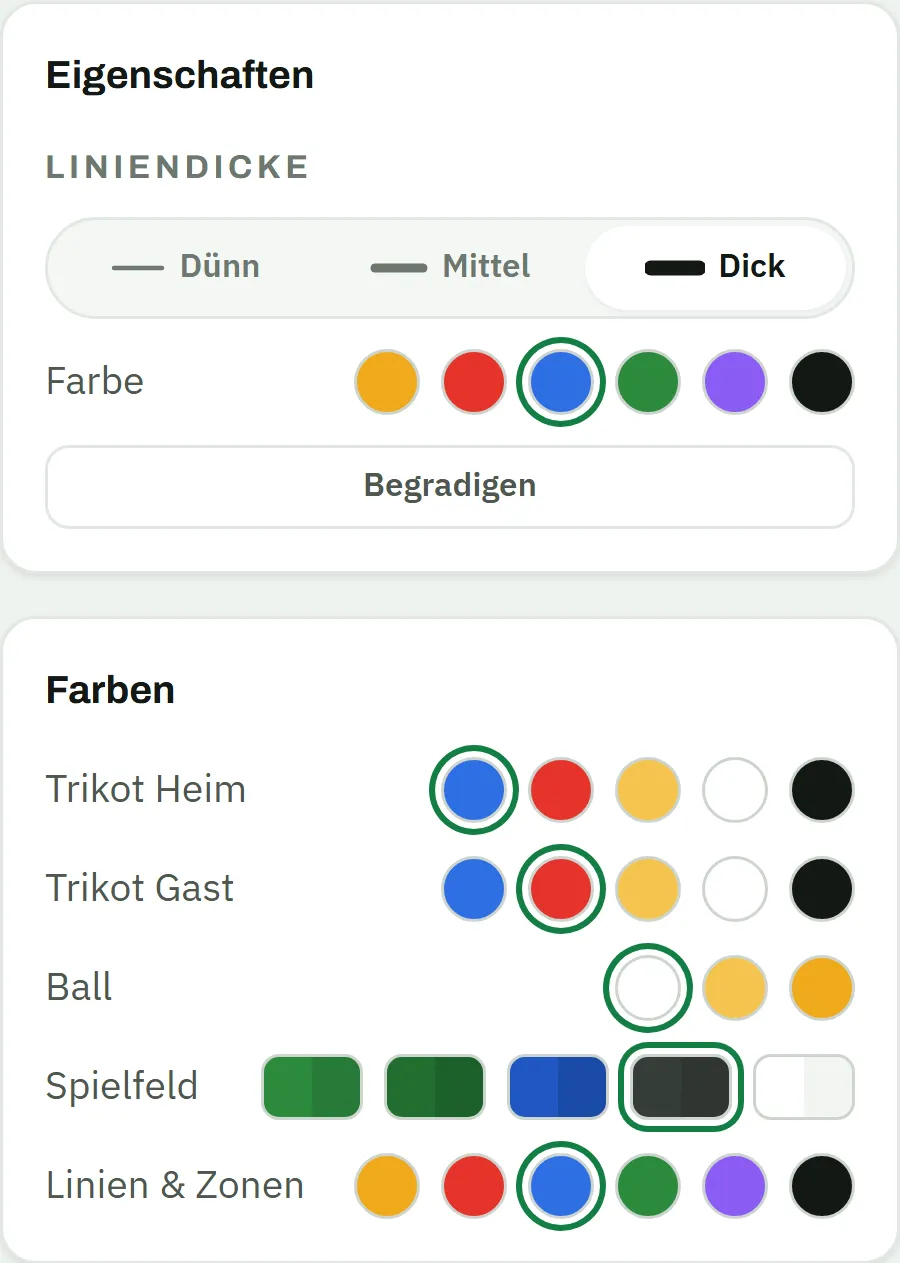 Panels Eigenschaften und Farben: Liniendicke Dünn, Mittel, Dick mit Dick aktiv, Farbe Blau gewählt, Button Begradigen; darunter die Farben für Trikot Heim, Trikot Gast, Ball, Spielfeld sowie Linien und Zonen
