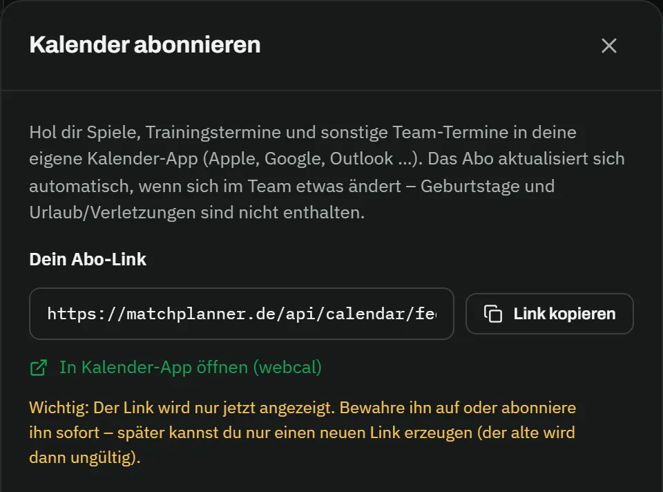 Dialog „Kalender abonnieren" mit persönlichem Abo-Link, Button „Link kopieren" und dem Link „In Kalender-App öffnen (webcal)"