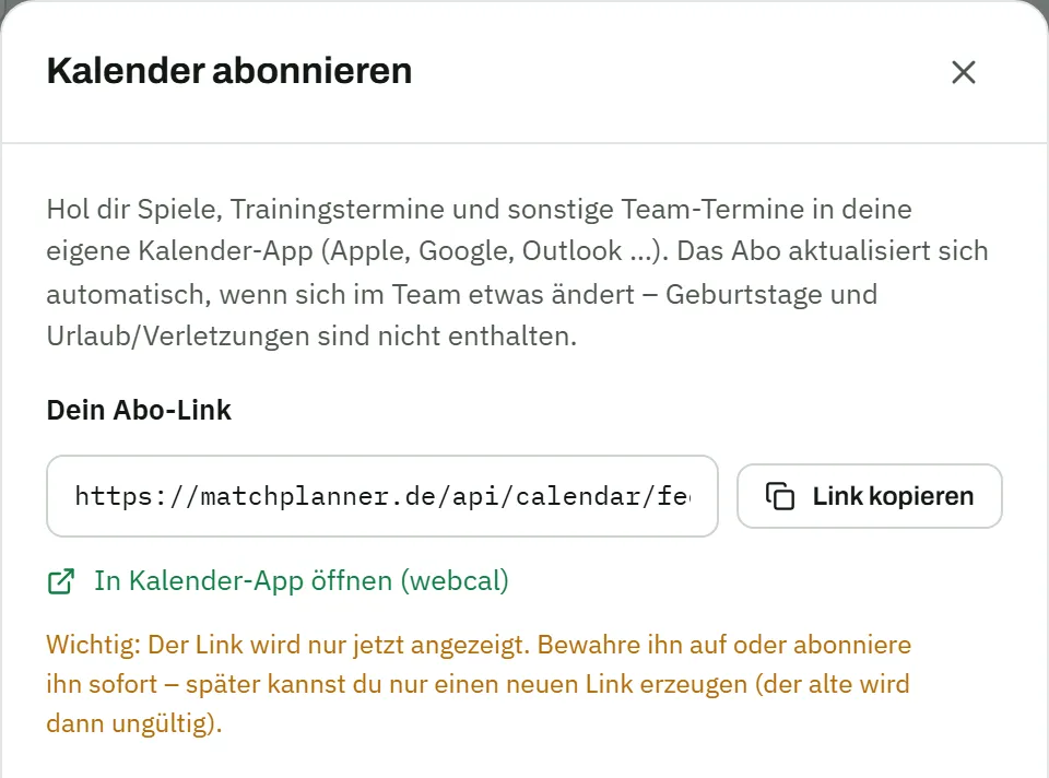 Dialog „Kalender abonnieren" mit persönlichem Abo-Link, Button „Link kopieren" und dem Link „In Kalender-App öffnen (webcal)"