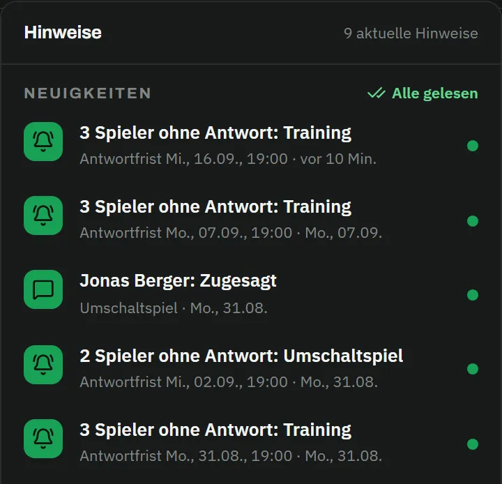 Hinweis-Zentrum des Trainers: Zusammenfassungen wie „3 Spieler ohne Antwort: Training" mit Antwortfrist sowie die Zusage von Jonas Berger