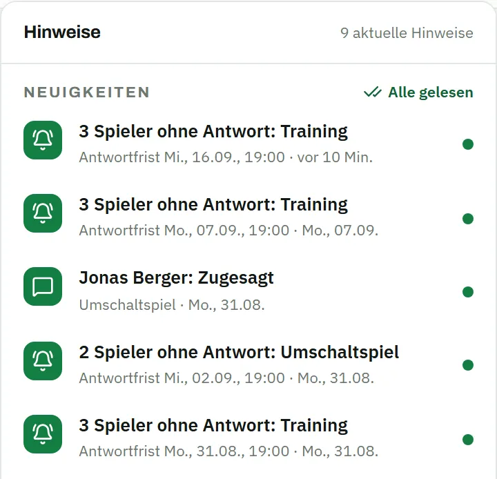 Hinweis-Zentrum des Trainers: Zusammenfassungen wie „3 Spieler ohne Antwort: Training" mit Antwortfrist sowie die Zusage von Jonas Berger
