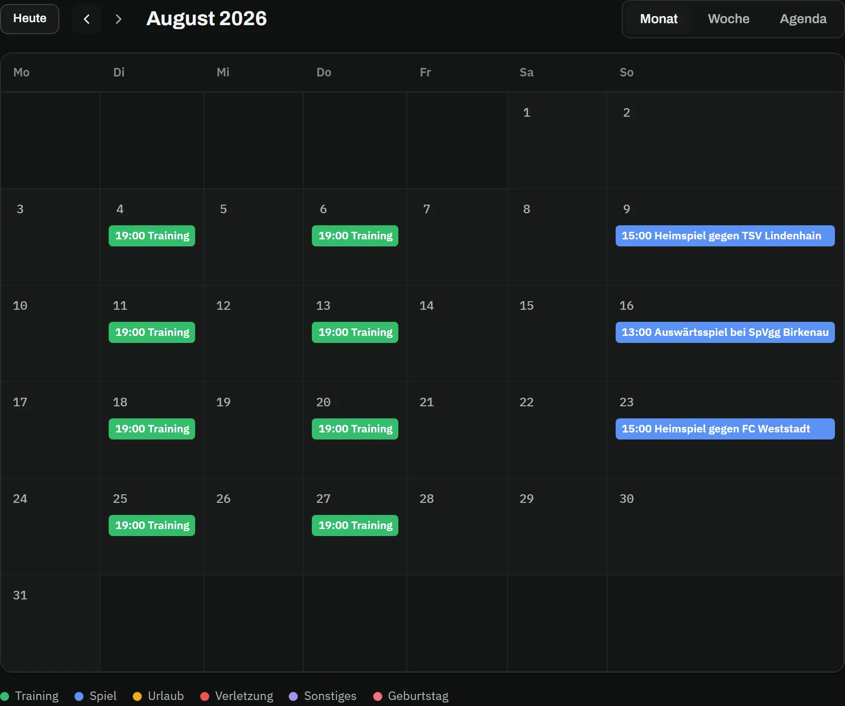 Kalender in der Monatsansicht August 2026: Trainings dienstags und donnerstags um 19:00, drei Spiele am Wochenende, darunter die Legende der Termin-Typen