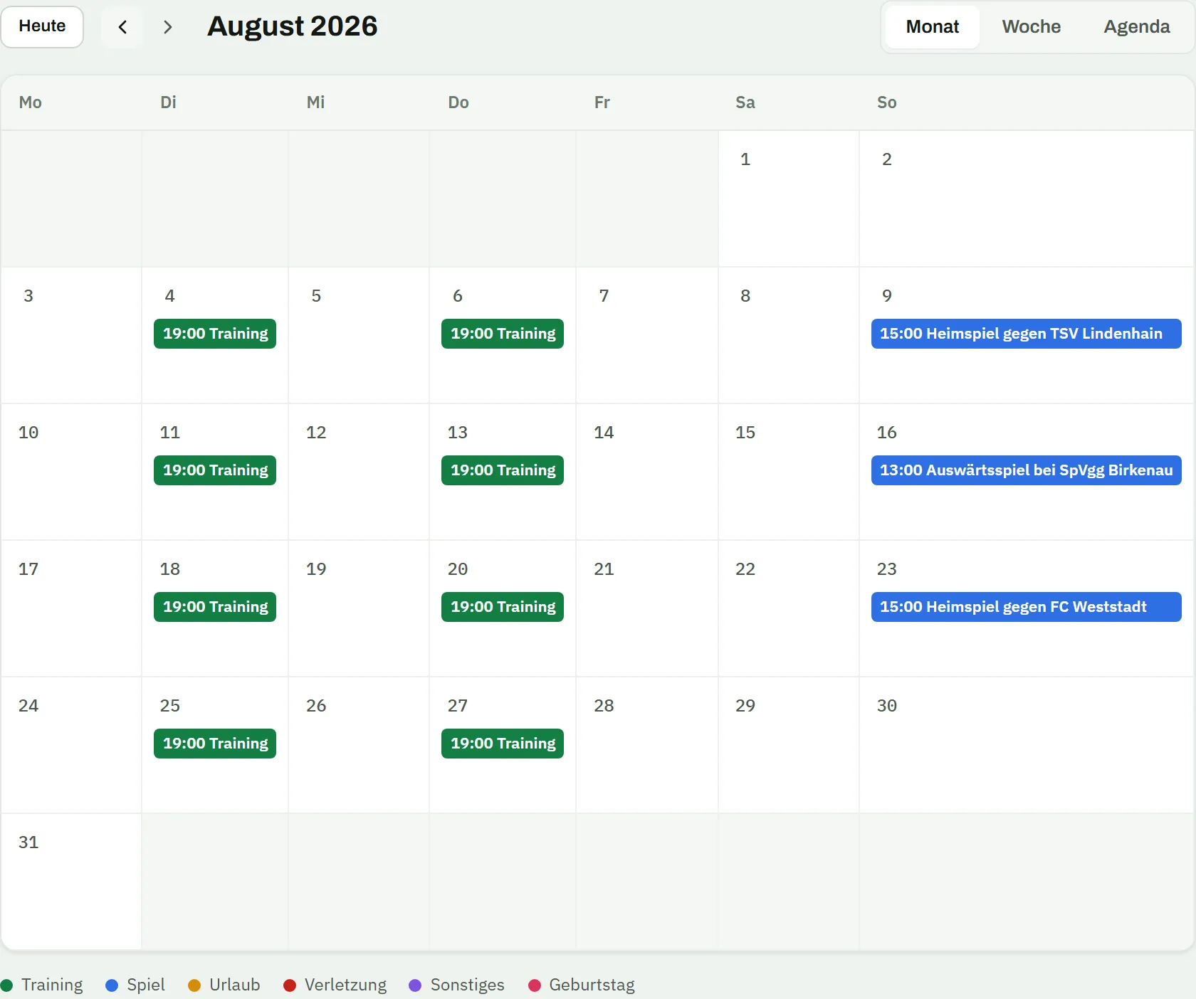 Kalender in der Monatsansicht August 2026: Trainings dienstags und donnerstags um 19:00, drei Spiele am Wochenende, darunter die Legende der Termin-Typen