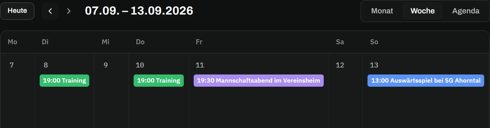 Kalender in der Wochenansicht 7. bis 13. September: Training am Dienstag und Donnerstag um 19:00, Mannschaftsabend im Vereinsheim am Freitag um 19:30, Auswärtsspiel bei SG Ahorntal am Sonntag um 13:00