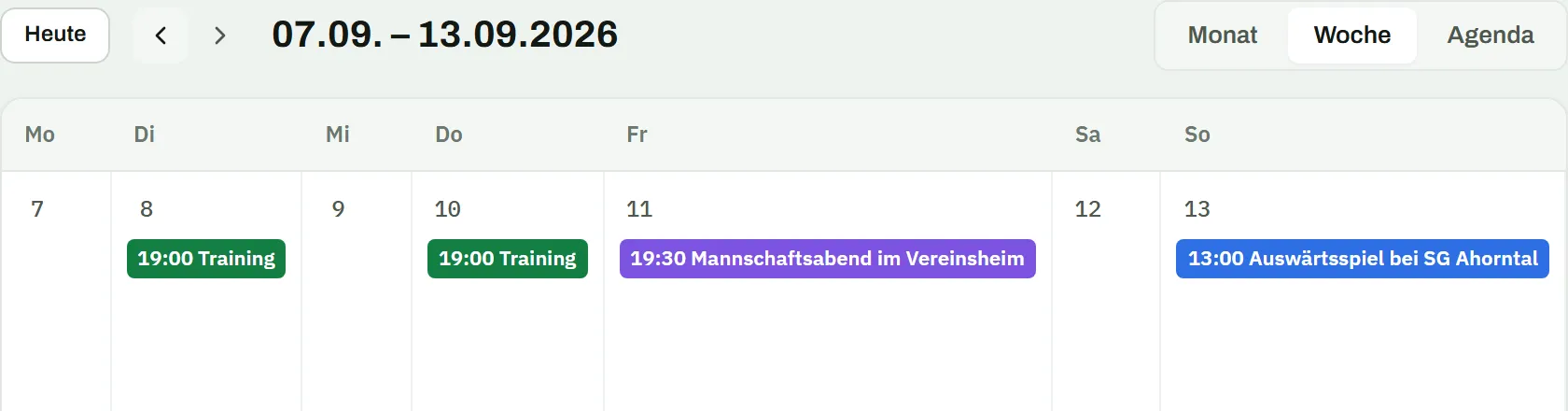 Kalender in der Wochenansicht 7. bis 13. September: Training am Dienstag und Donnerstag um 19:00, Mannschaftsabend im Vereinsheim am Freitag um 19:30, Auswärtsspiel bei SG Ahorntal am Sonntag um 13:00